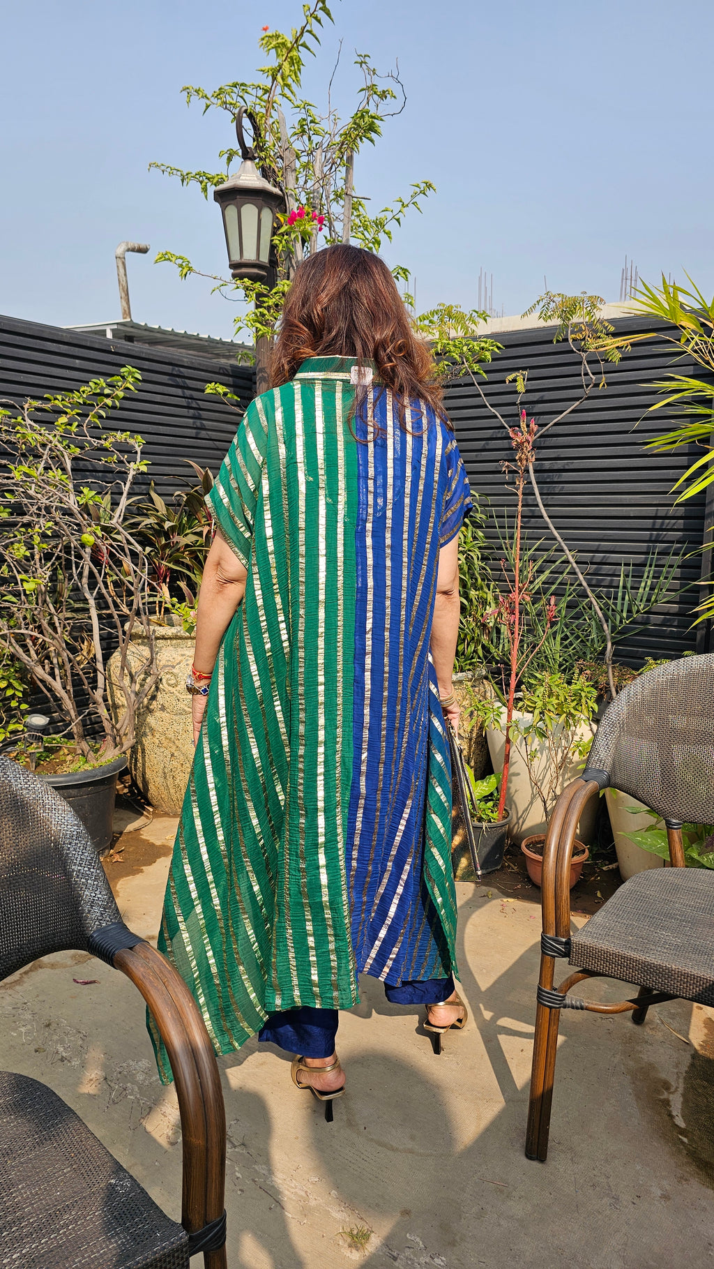 Beautiful Dual Color Mal Chanderi Golden Striped Three Piece Outfit