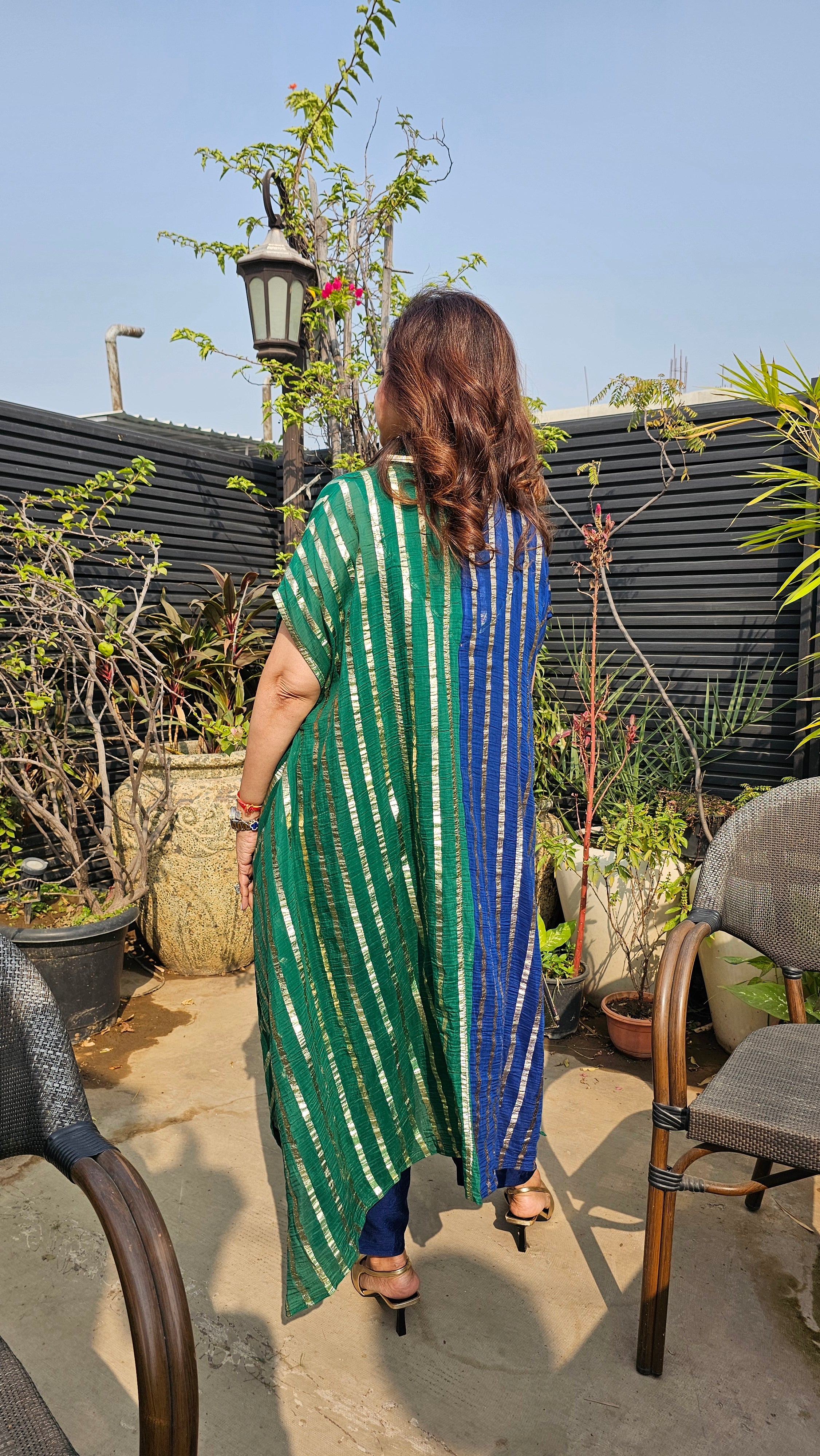 Beautiful Dual Color Mal Chanderi Golden Striped Three Piece Outfit