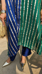 Beautiful Dual Color Mal Chanderi Golden Striped Three Piece Outfit