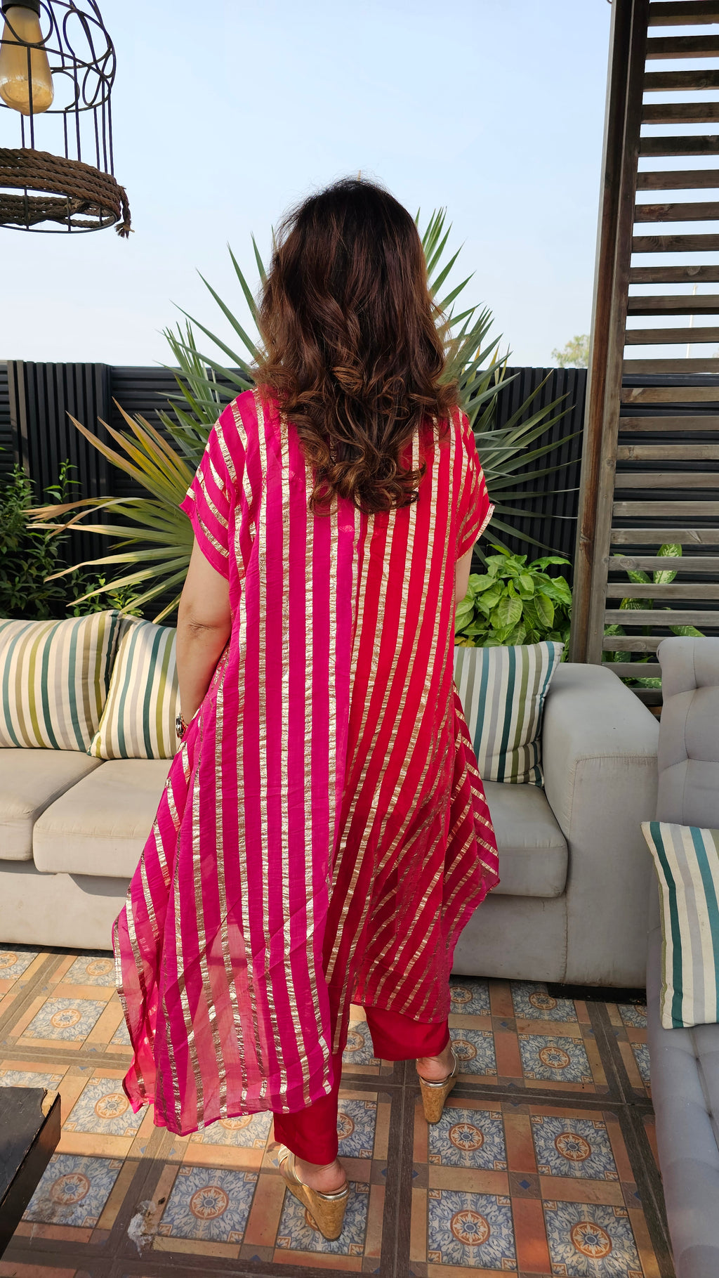 Beautiful Dual Color Mal Chanderi Golden Striped Three Piece Outfit