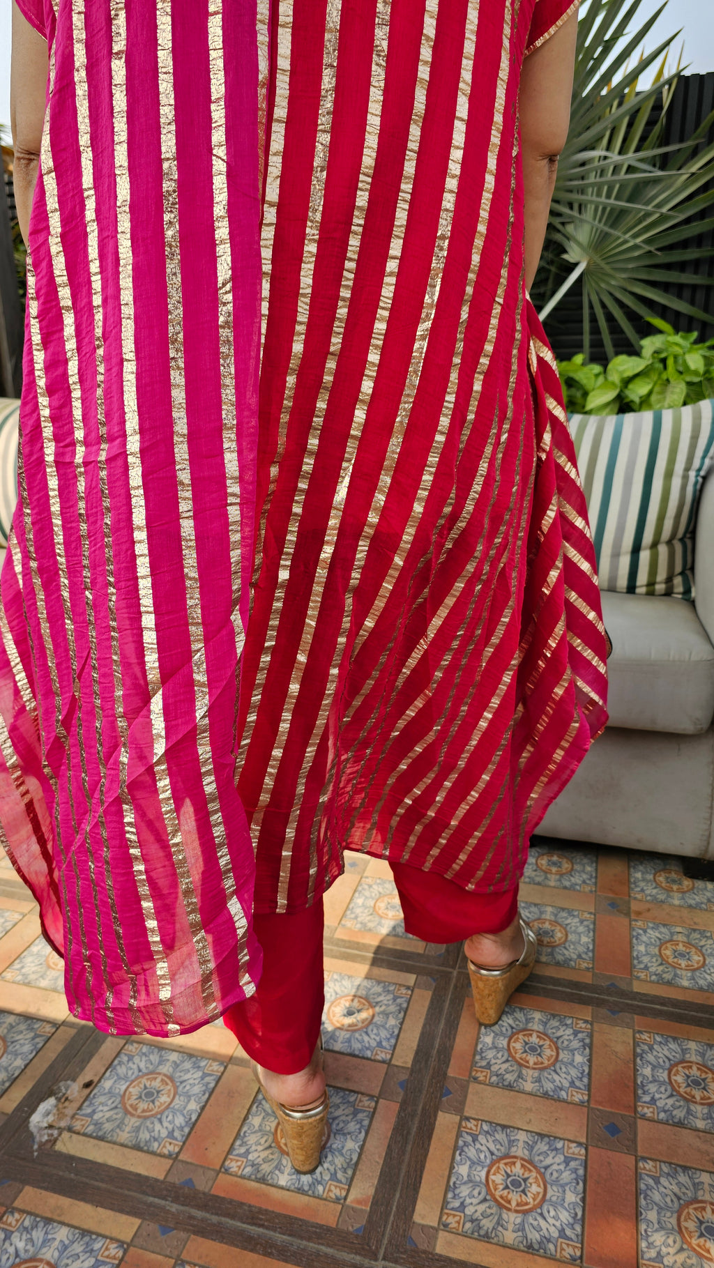 Beautiful Dual Color Mal Chanderi Golden Striped Three Piece Outfit