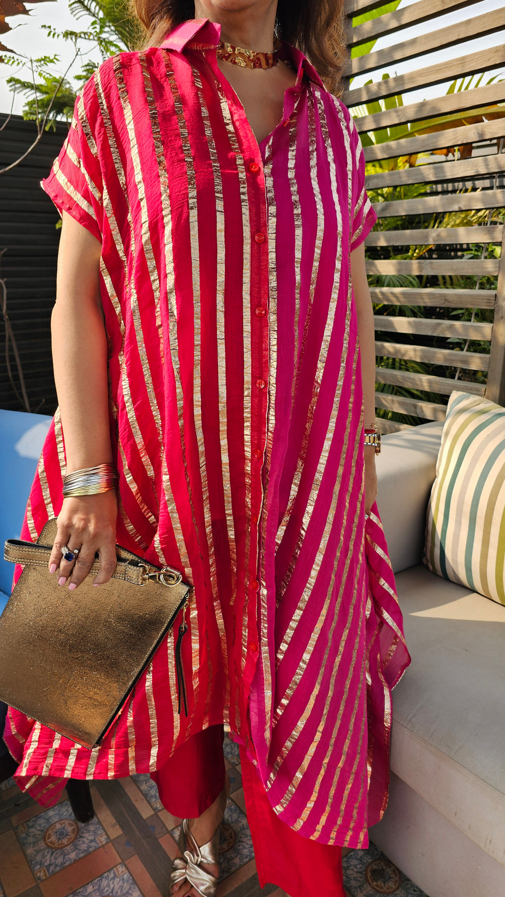 Beautiful Dual Color Mal Chanderi Golden Striped Three Piece Outfit