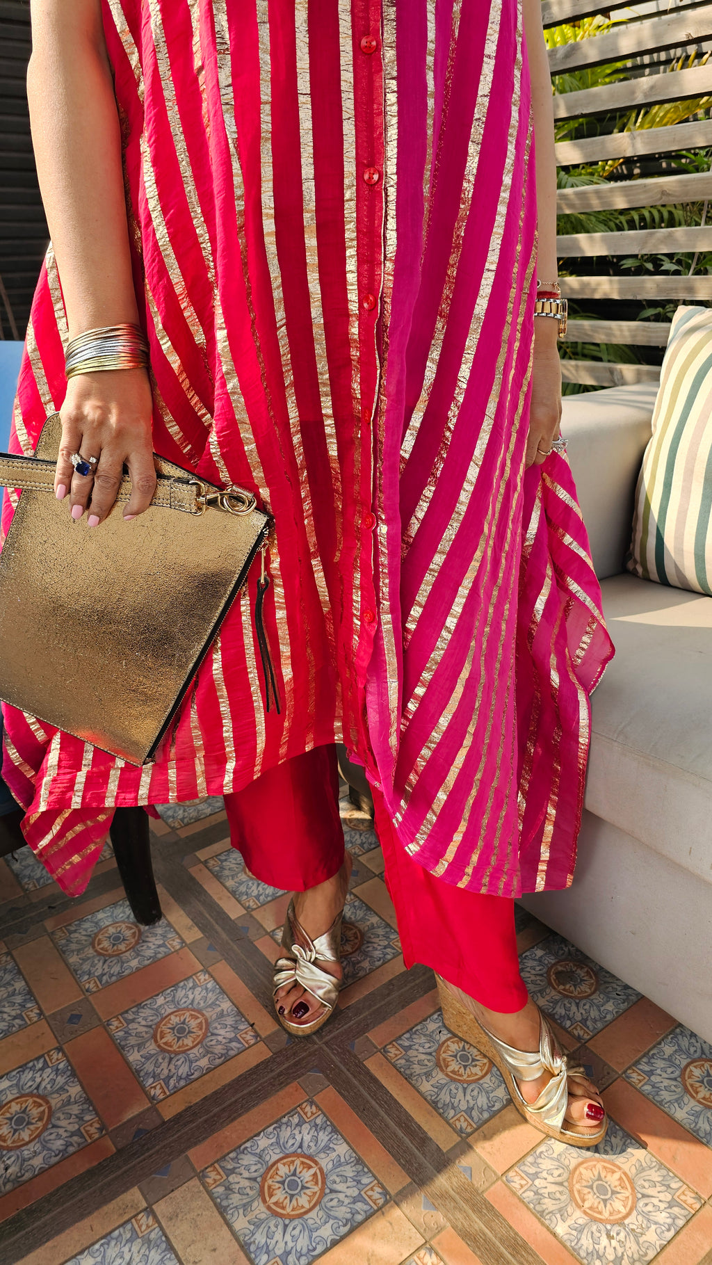 Beautiful Dual Color Mal Chanderi Golden Striped Three Piece Outfit