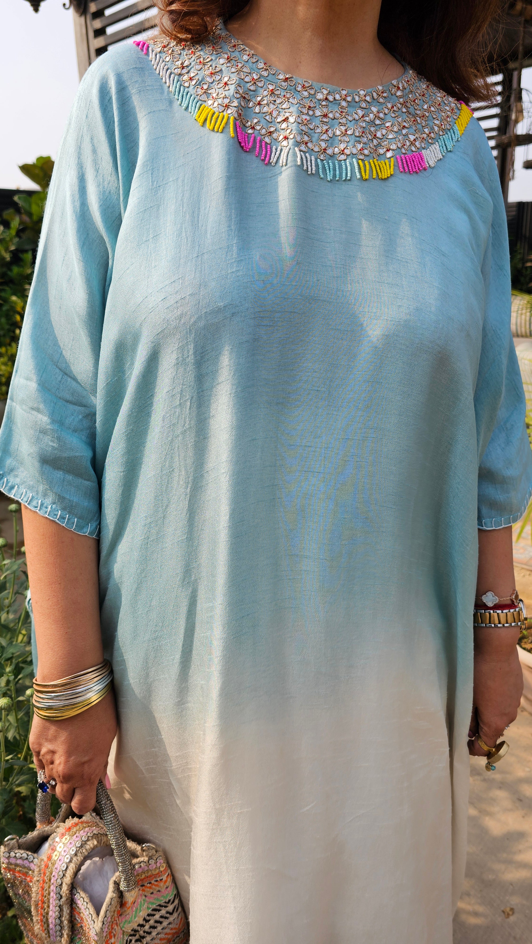 Stunning Blended Raw Silk Ombre Dyed Hand Embroidered Kaftan Style Outfit With Drape Skirt