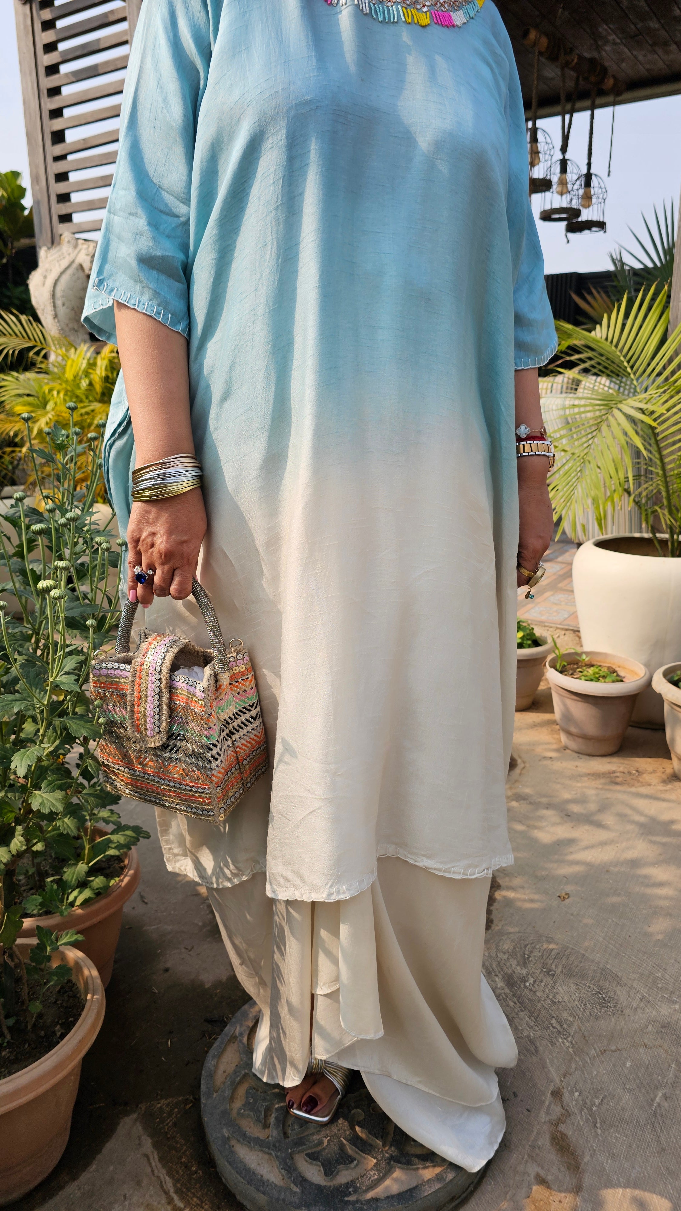 Stunning Blended Raw Silk Ombre Dyed Hand Embroidered Kaftan Style Outfit With Drape Skirt