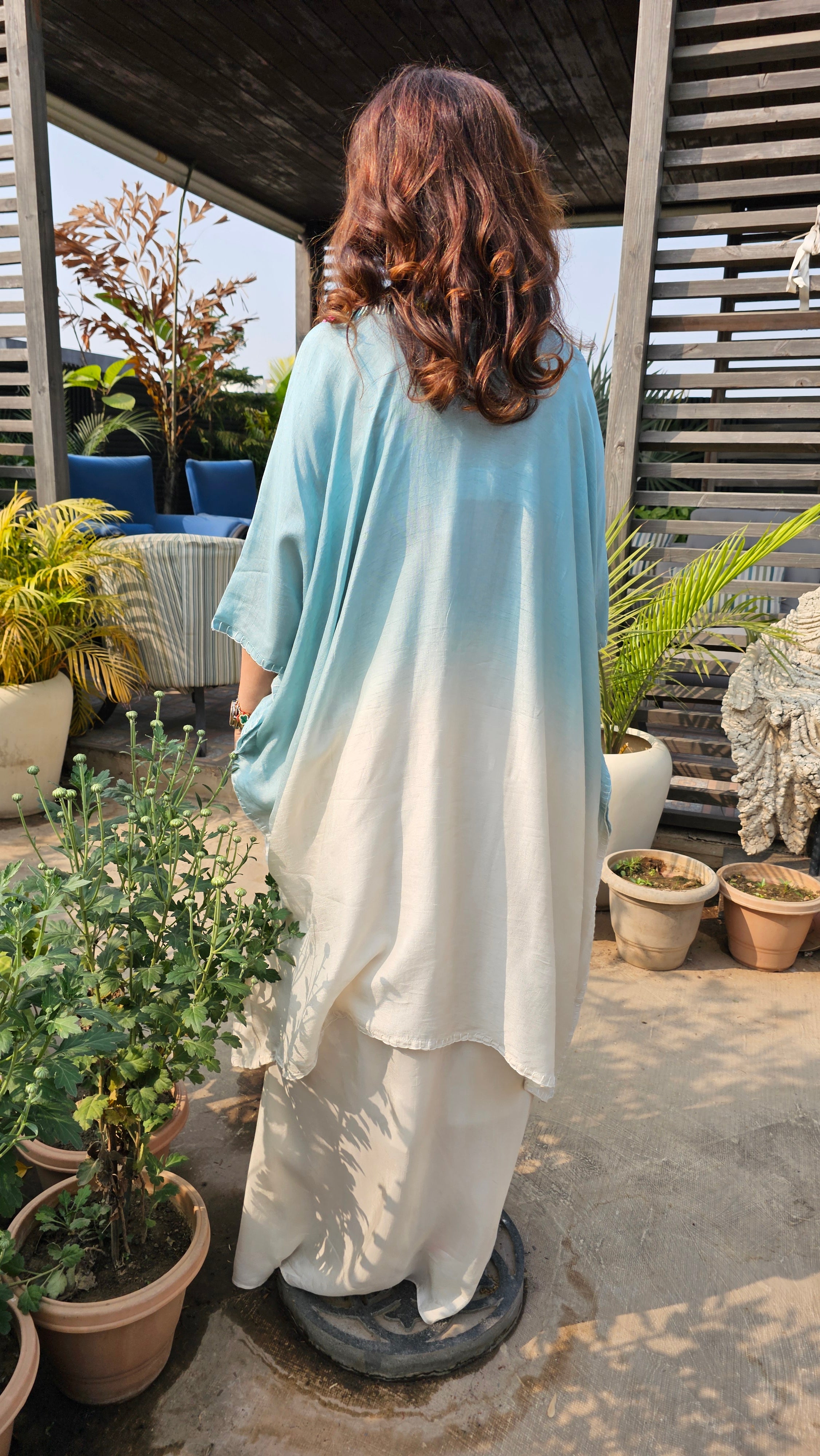 Stunning Blended Raw Silk Ombre Dyed Hand Embroidered Kaftan Style Outfit With Drape Skirt