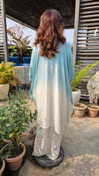 Stunning Blended Raw Silk Ombre Dyed Hand Embroidered Kaftan Style Outfit With Drape Skirt
