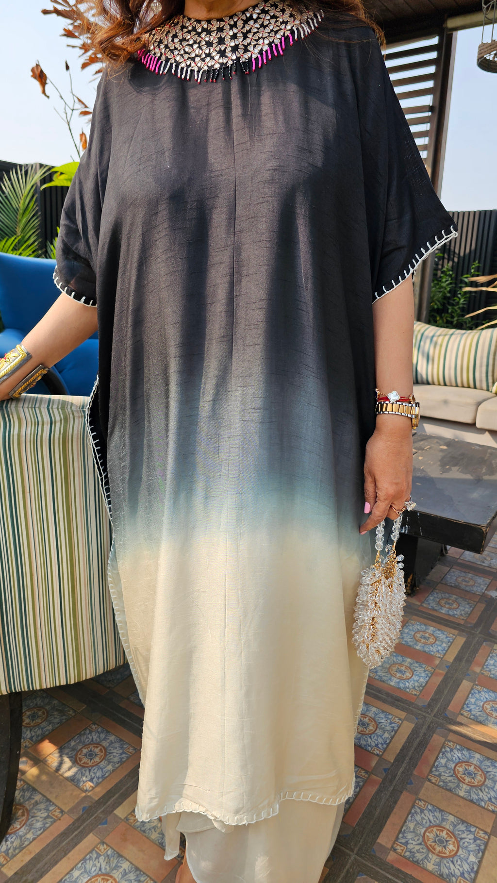 Stunning Blended Raw Silk Ombre Dyed Hand Embroidered Kaftan Style Outfit With Drape Skirt