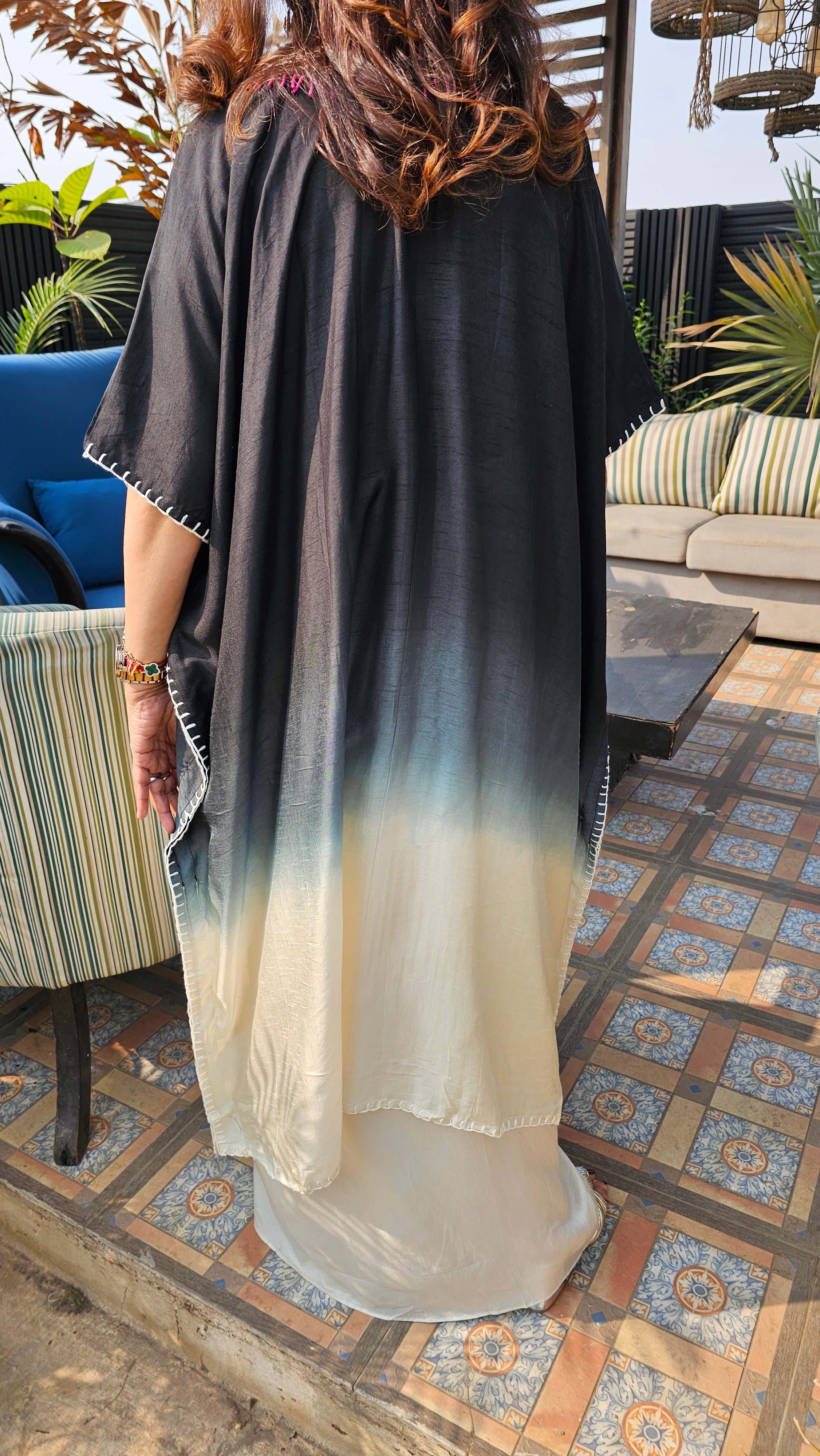 Stunning Blended Raw Silk Ombre Dyed Hand Embroidered Kaftan Style Outfit With Drape Skirt
