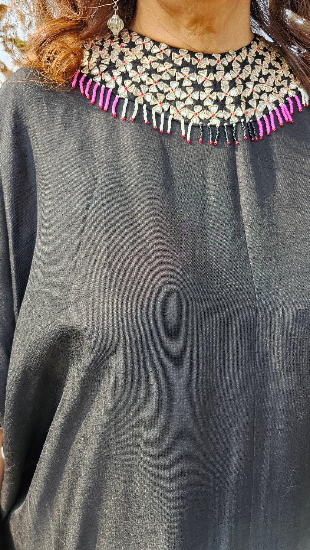 Stunning Blended Raw Silk Ombre Dyed Hand Embroidered Kaftan Style Outfit With Drape Skirt