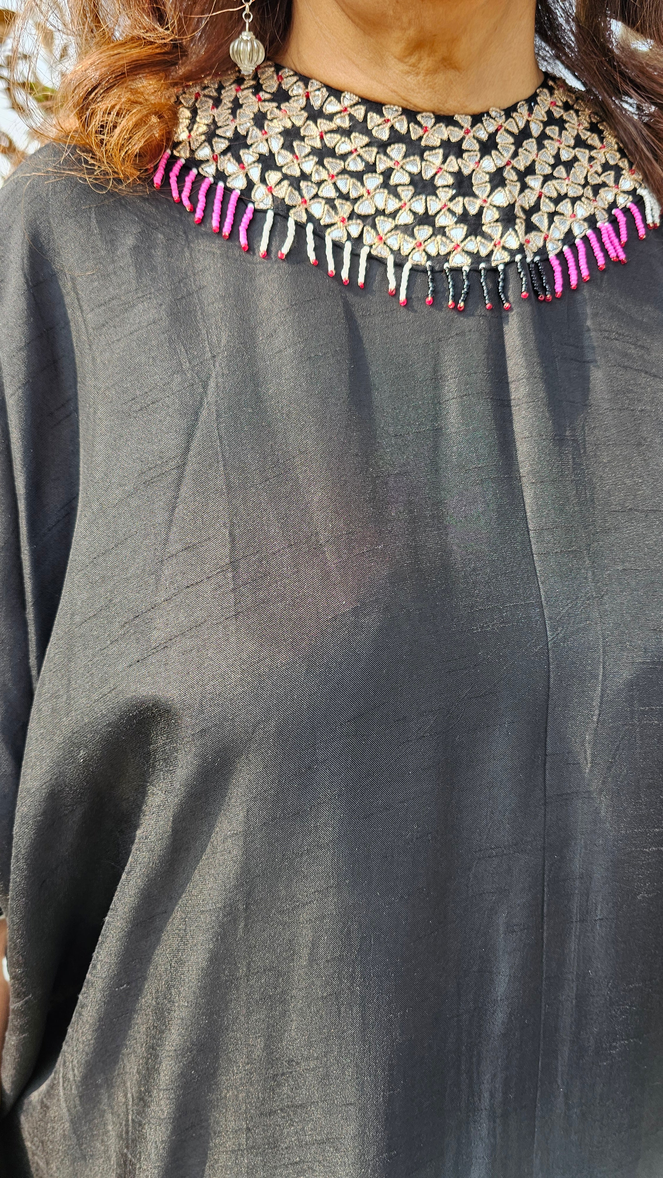 Stunning Blended Raw Silk Ombre Dyed Hand Embroidered Kaftan Style Outfit With Drape Skirt