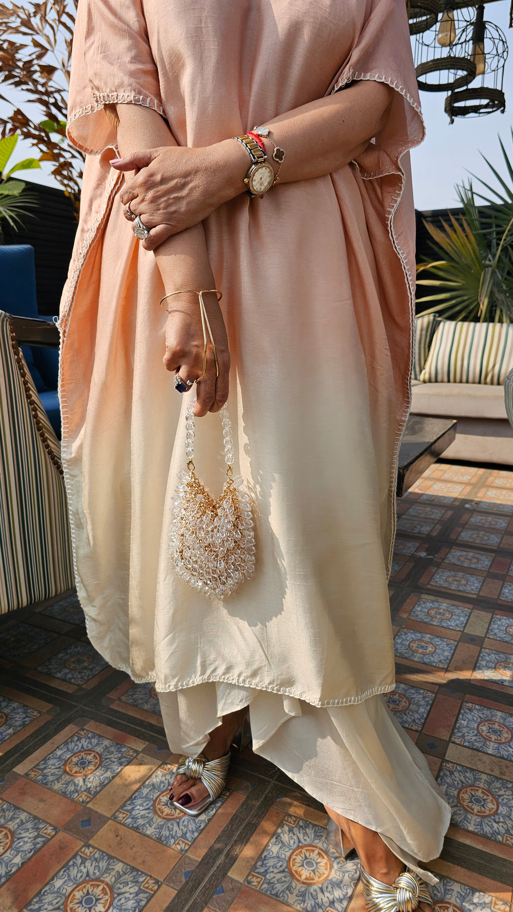 Stunning Blended Raw Silk Ombre Dyed Hand Embroidered Kaftan Style Outfit With Drape Skirt