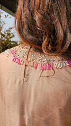 Stunning Blended Raw Silk Ombre Dyed Hand Embroidered Kaftan Style Outfit With Drape Skirt