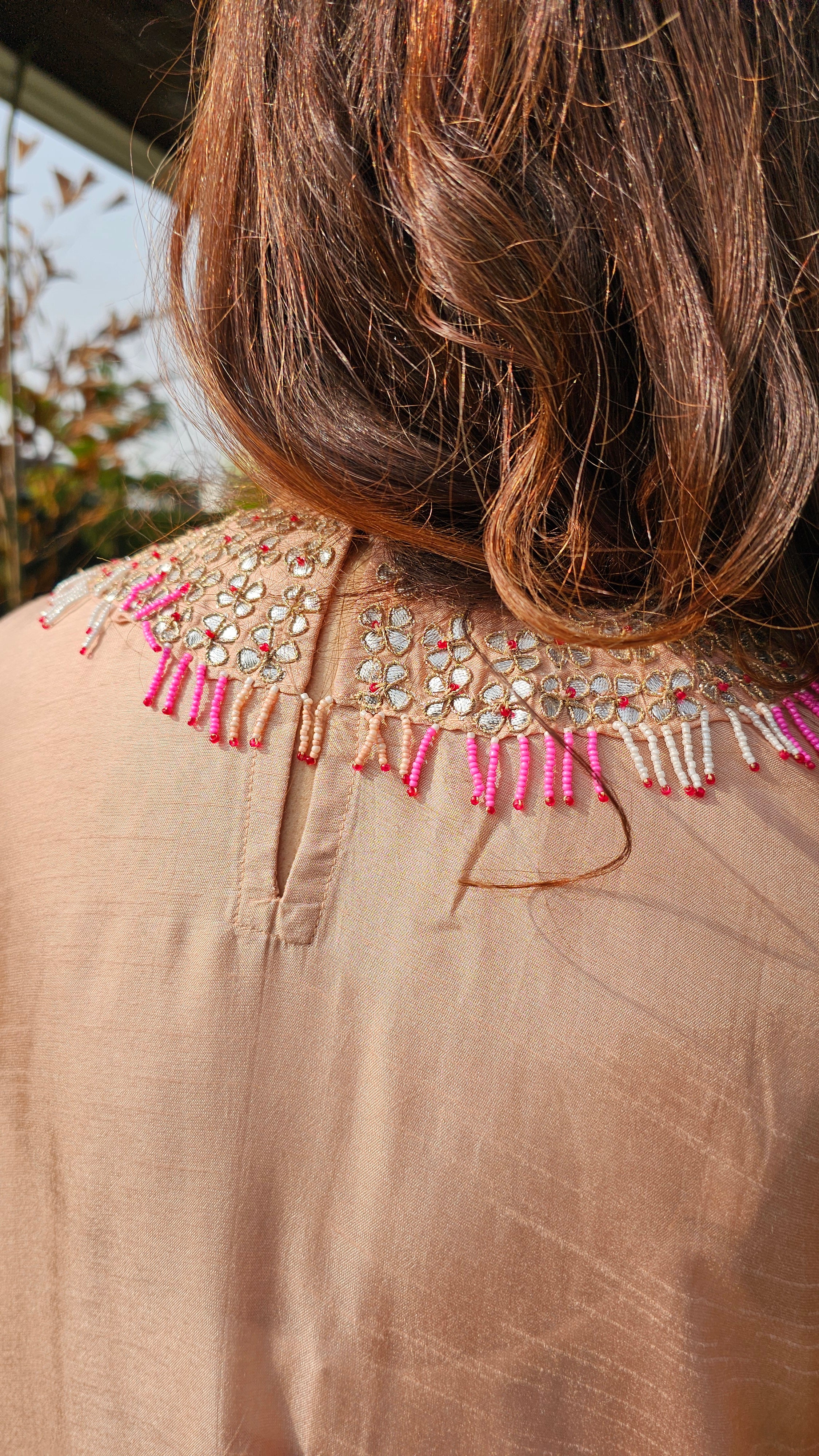 Stunning Blended Raw Silk Ombre Dyed Hand Embroidered Kaftan Style Outfit With Drape Skirt