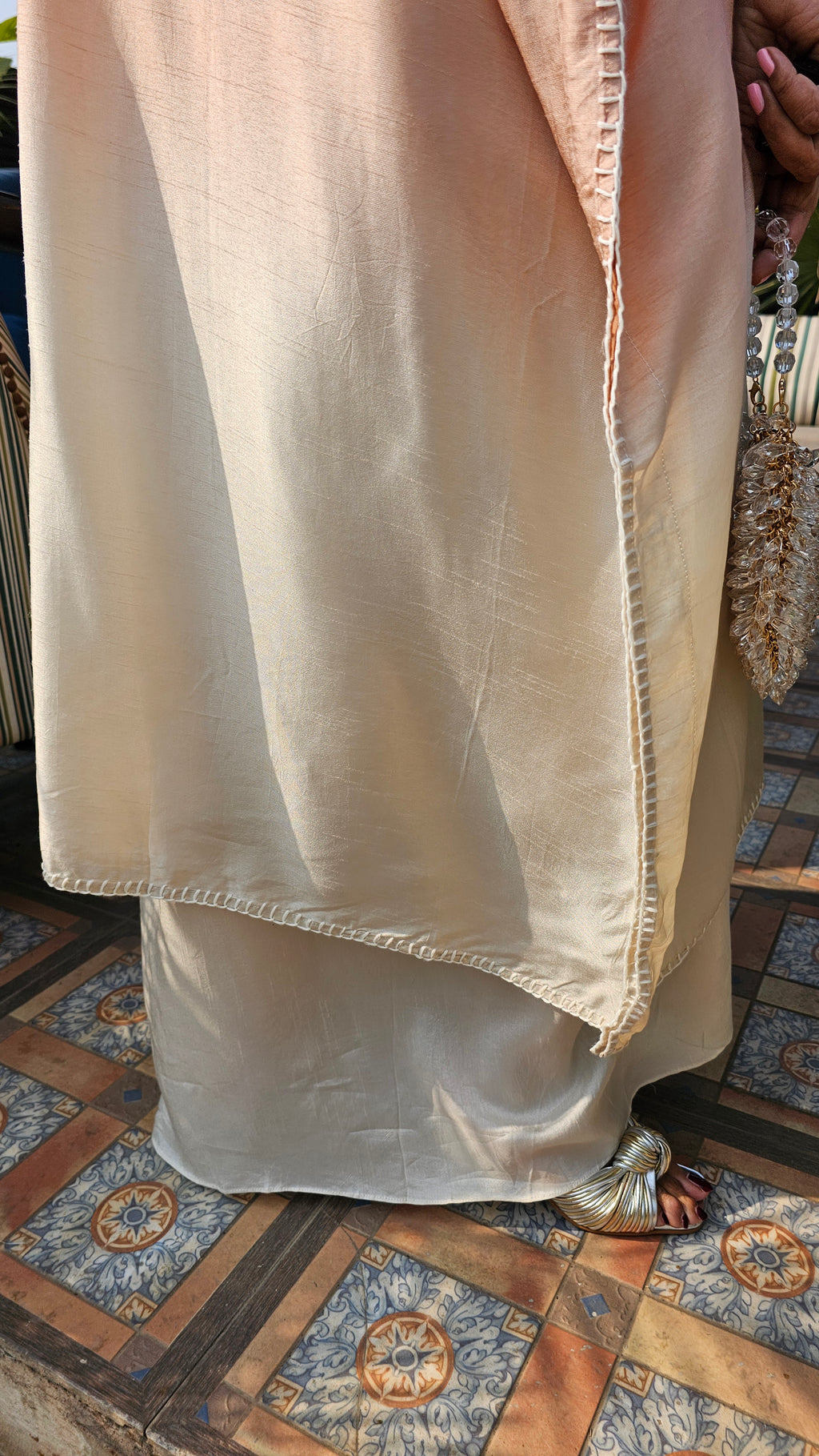 Stunning Blended Raw Silk Ombre Dyed Hand Embroidered Kaftan Style Outfit With Drape Skirt