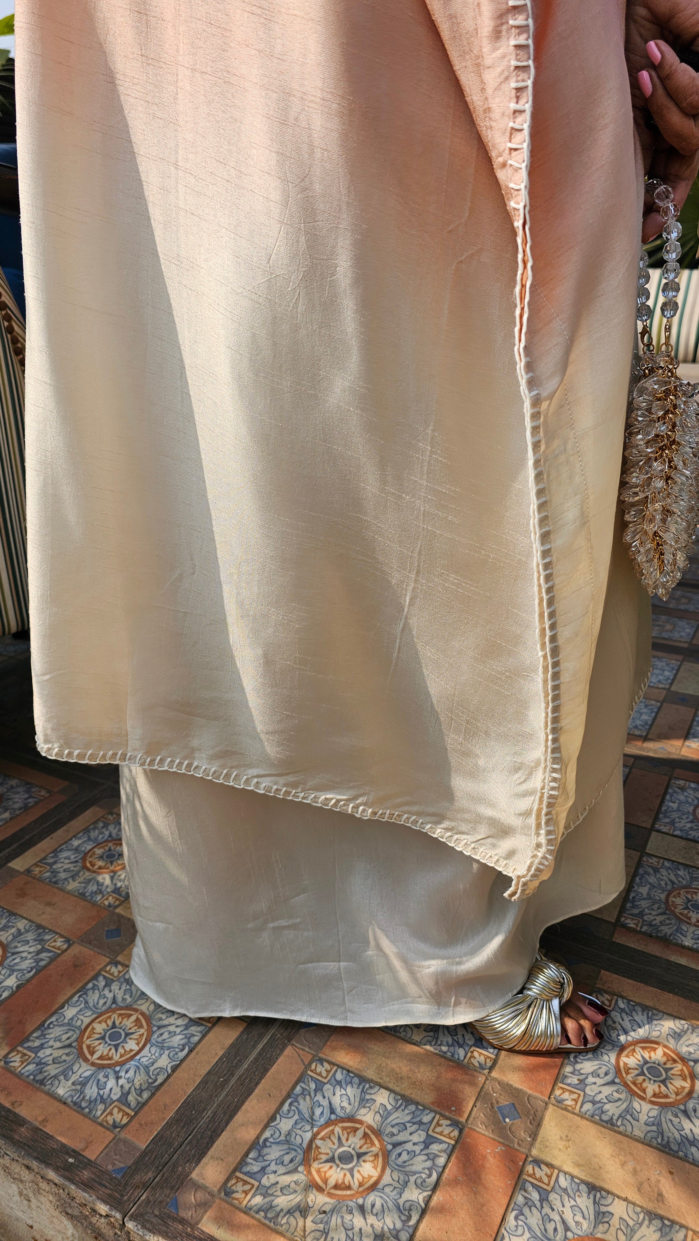 Stunning Blended Raw Silk Ombre Dyed Hand Embroidered Kaftan Style Outfit With Drape Skirt
