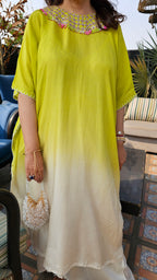 Stunning Blended Raw Silk Ombre Dyed Hand Embroidered Kaftan Style Outfit With Drape Skirt
