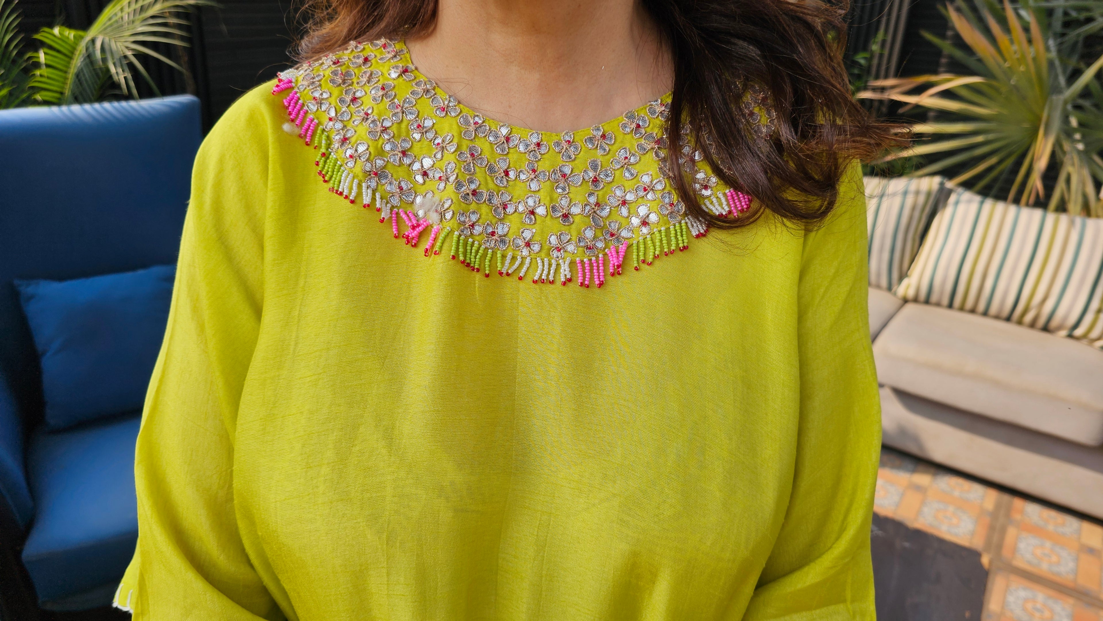 Stunning Blended Raw Silk Ombre Dyed Hand Embroidered Kaftan Style Outfit With Drape Skirt