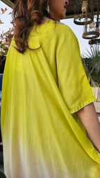 Stunning Blended Raw Silk Ombre Dyed Hand Embroidered Kaftan Style Outfit With Drape Skirt