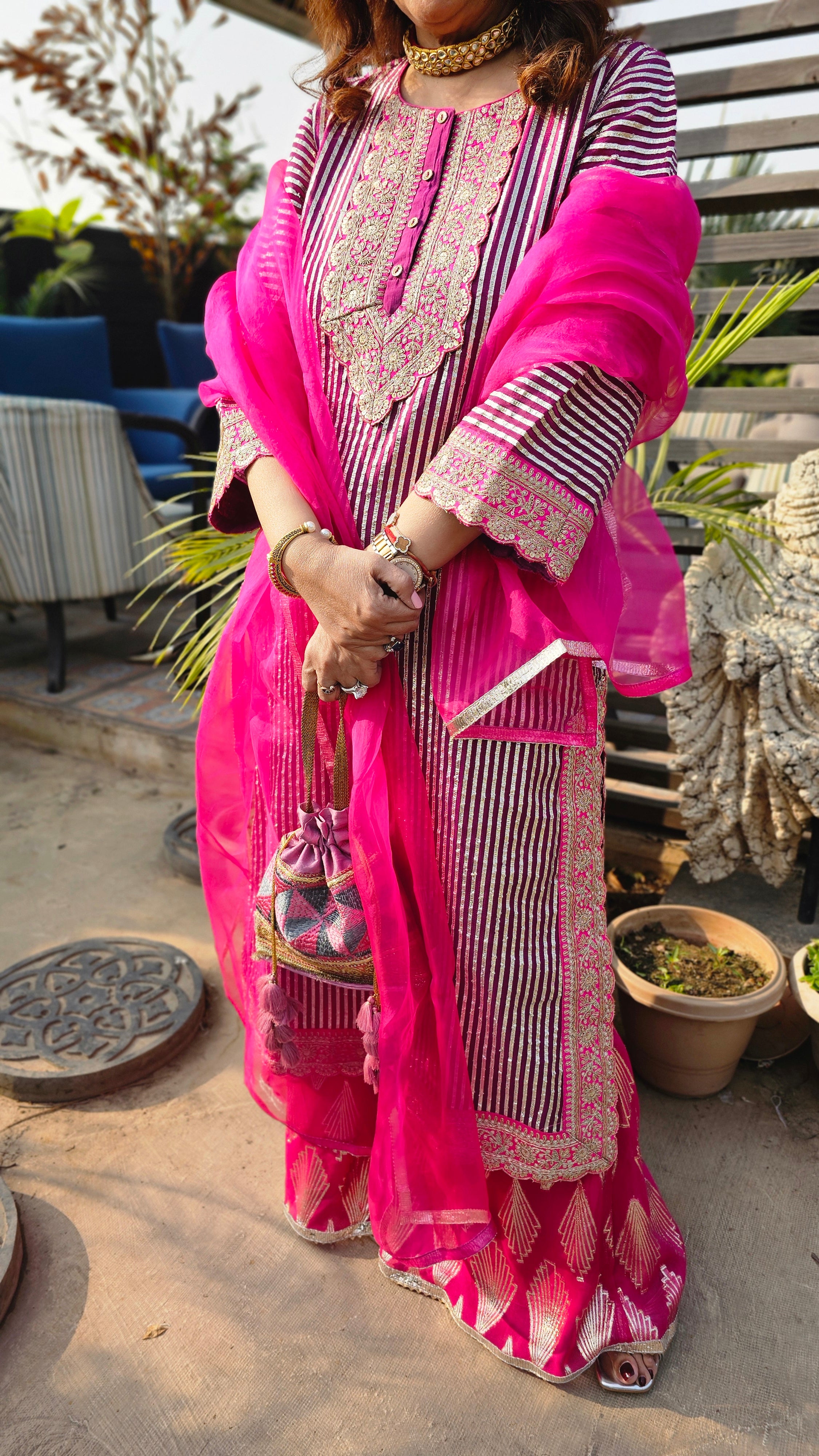 Purple & Hot Pink Gota Shirt with Shimmer Pants and Pure Silk Organza Dupatta
