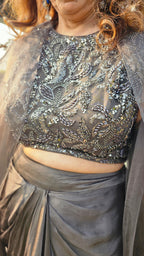 Show Stopper Charcoal Grey Drape Skirt  and Wispy Organza Tonal Asymmetric Jacket