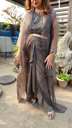 Show Stopper Charcoal Grey Drape Skirt  and Wispy Organza Tonal Asymmetric Jacket