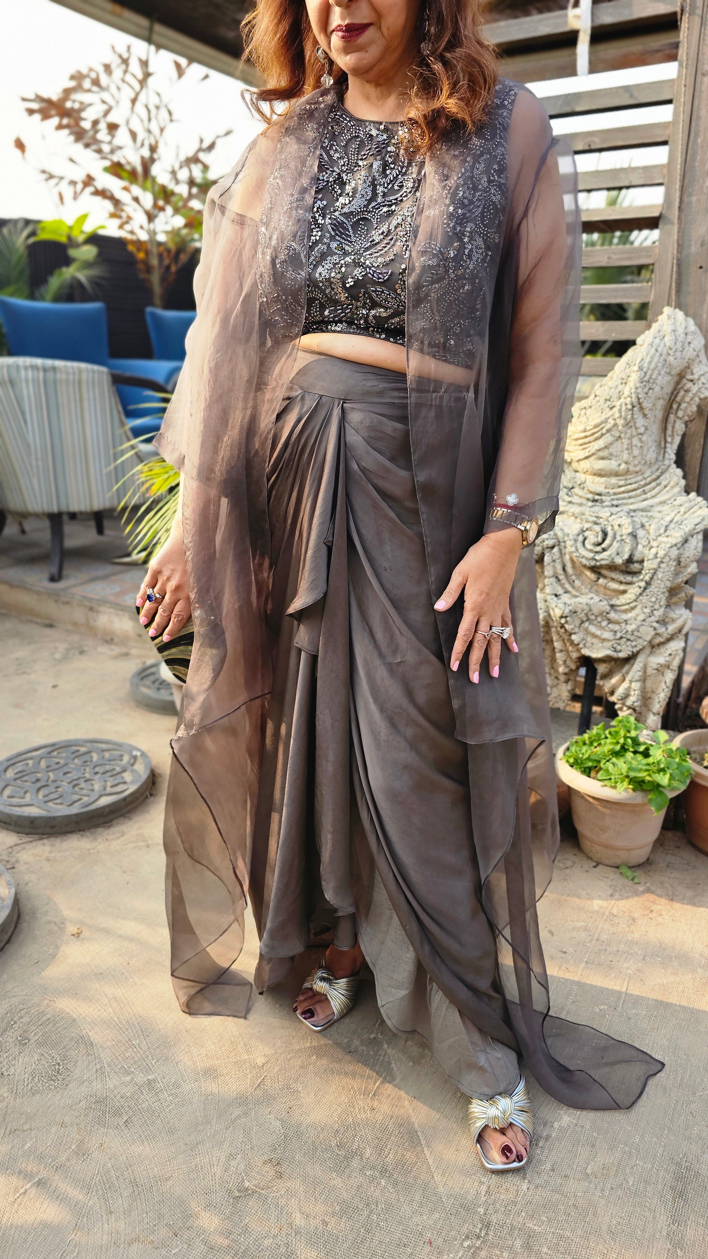 Show Stopper Charcoal Grey Drape Skirt  and Wispy Organza Tonal Asymmetric Jacket