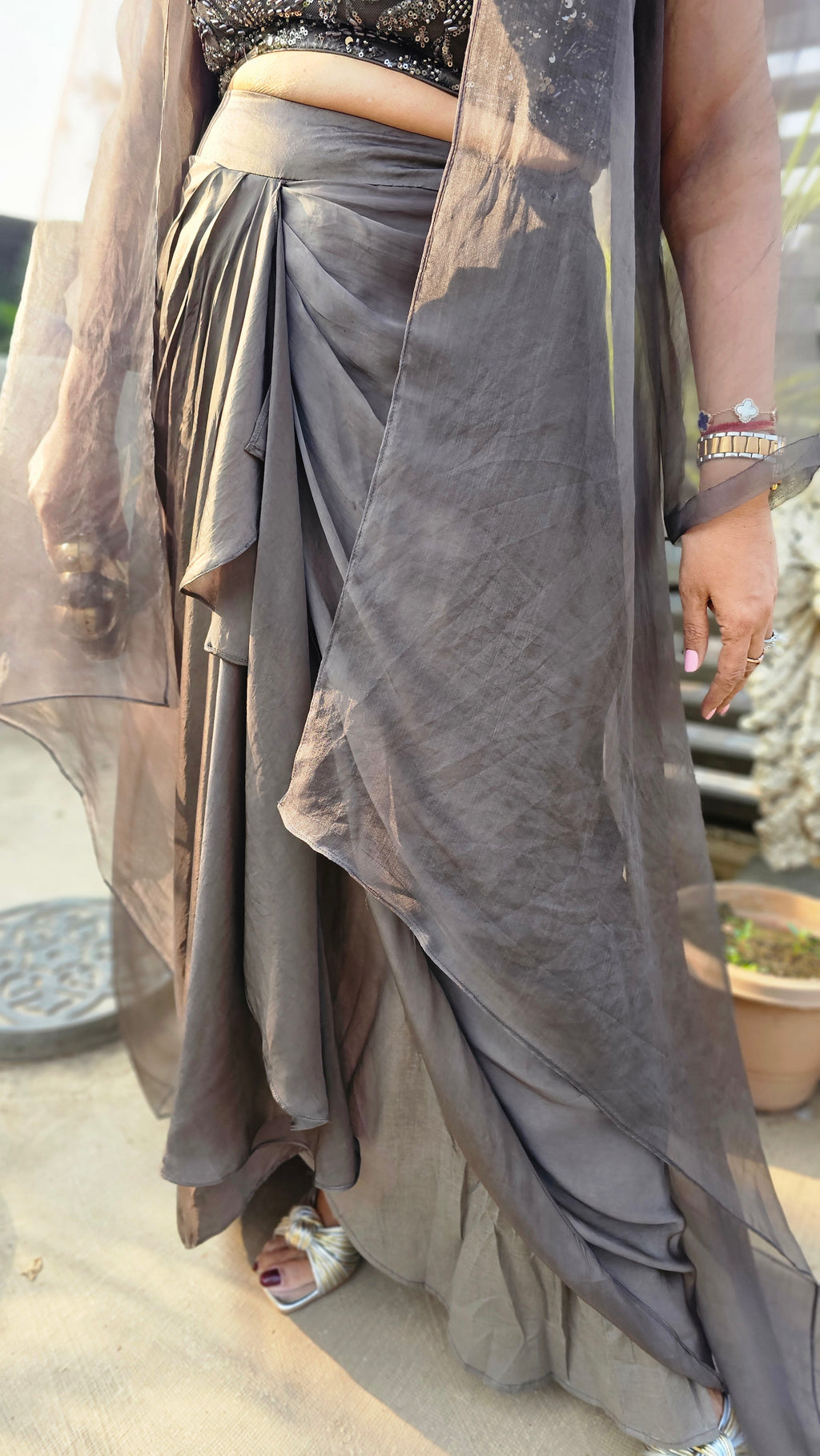 Show Stopper Charcoal Grey Drape Skirt  and Wispy Organza Tonal Asymmetric Jacket