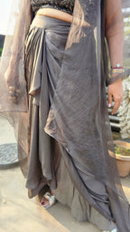 Show Stopper Charcoal Grey Drape Skirt  and Wispy Organza Tonal Asymmetric Jacket