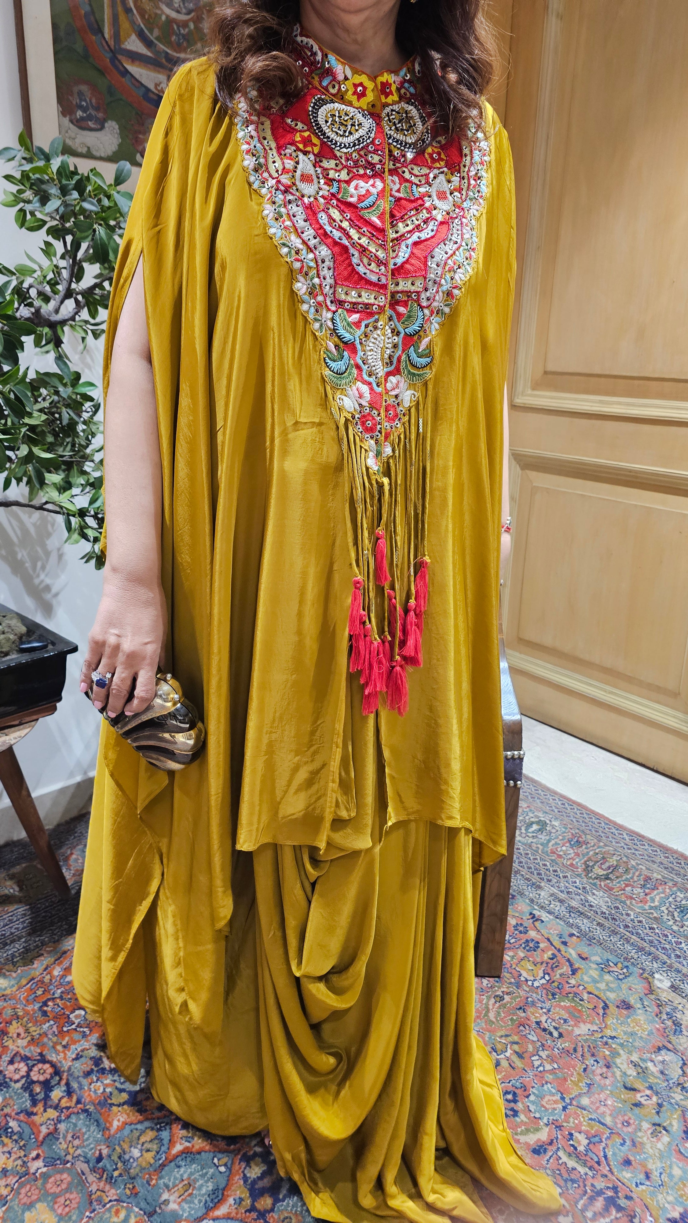 Stunning 3 Piece Drape Skirt With Asymmetric Hand Embroidered Cape