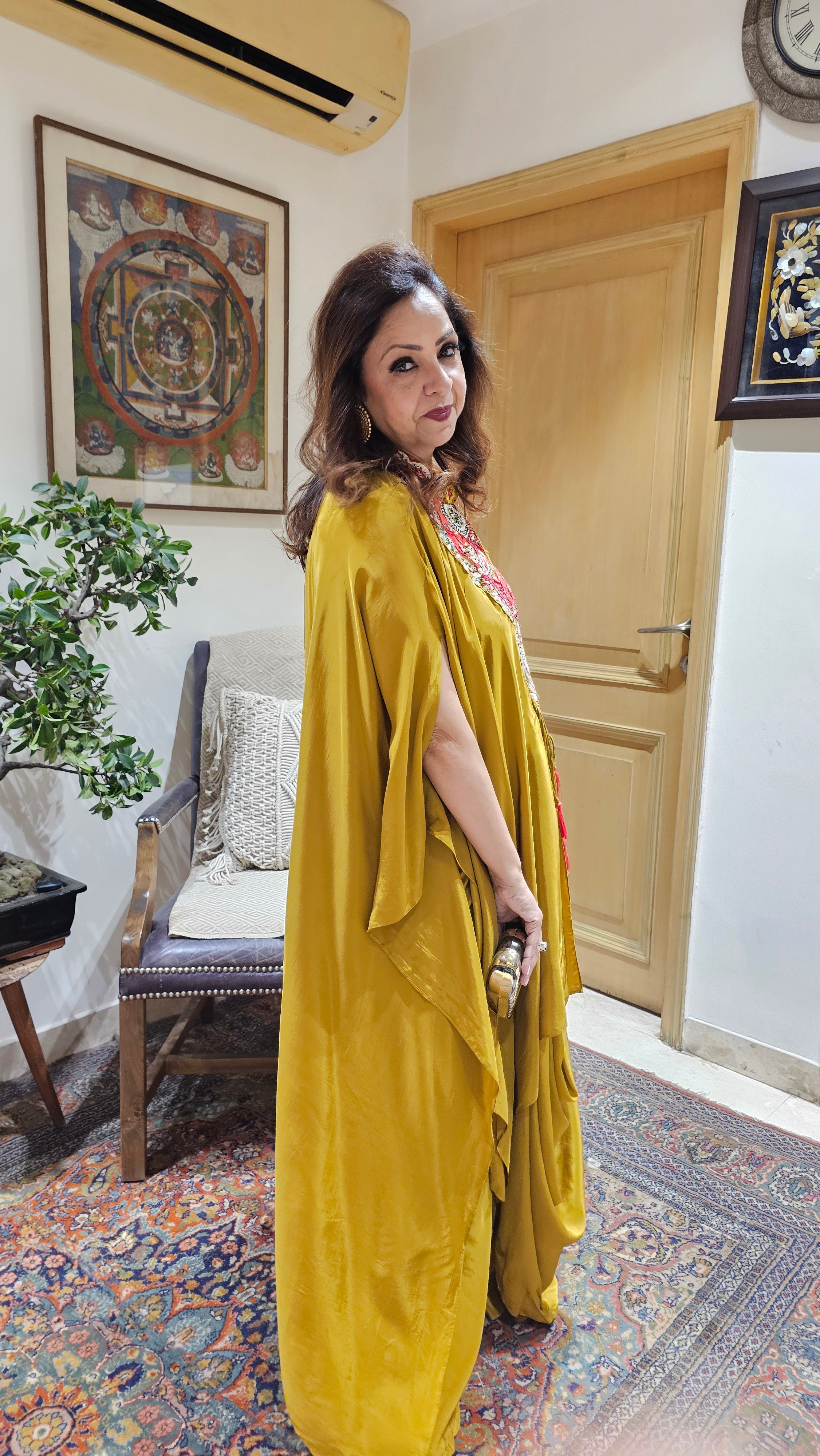 Stunning 3 Piece Drape Skirt With Asymmetric Hand Embroidered Cape
