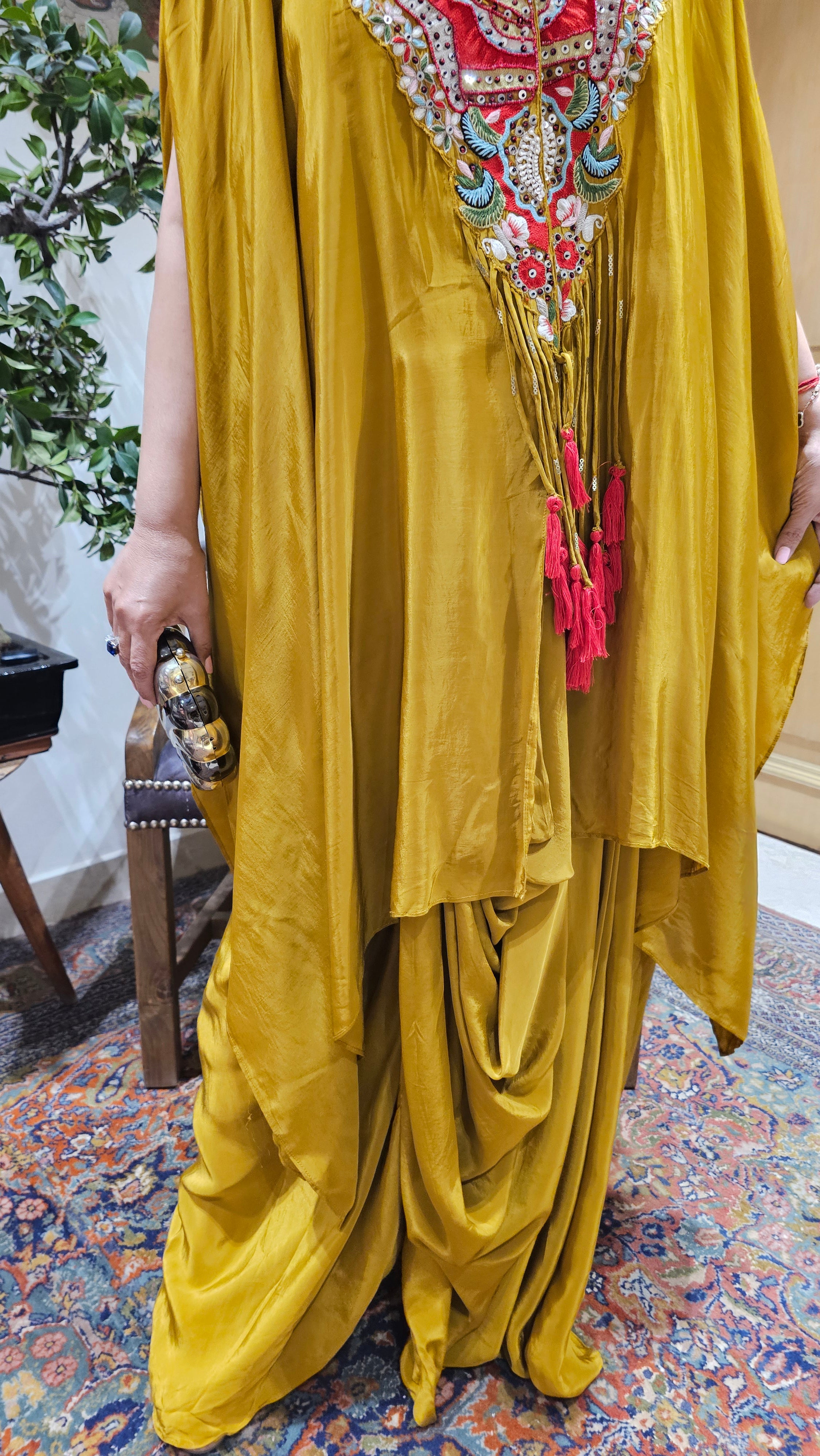 Stunning 3 Piece Drape Skirt With Asymmetric Hand Embroidered Cape
