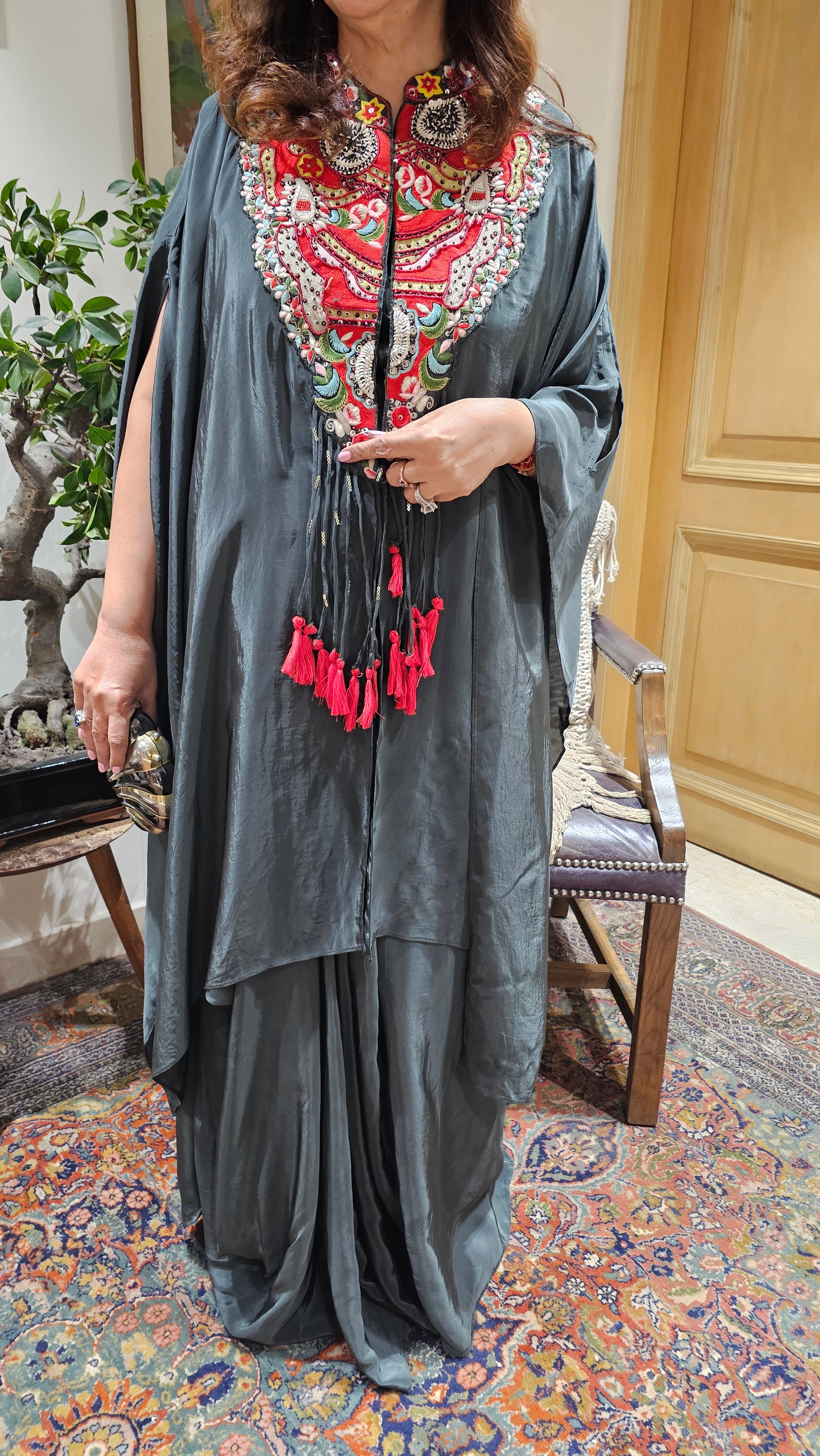Stunning 3 Piece Drape Skirt With Asymmetric Hand Embroidered Cape