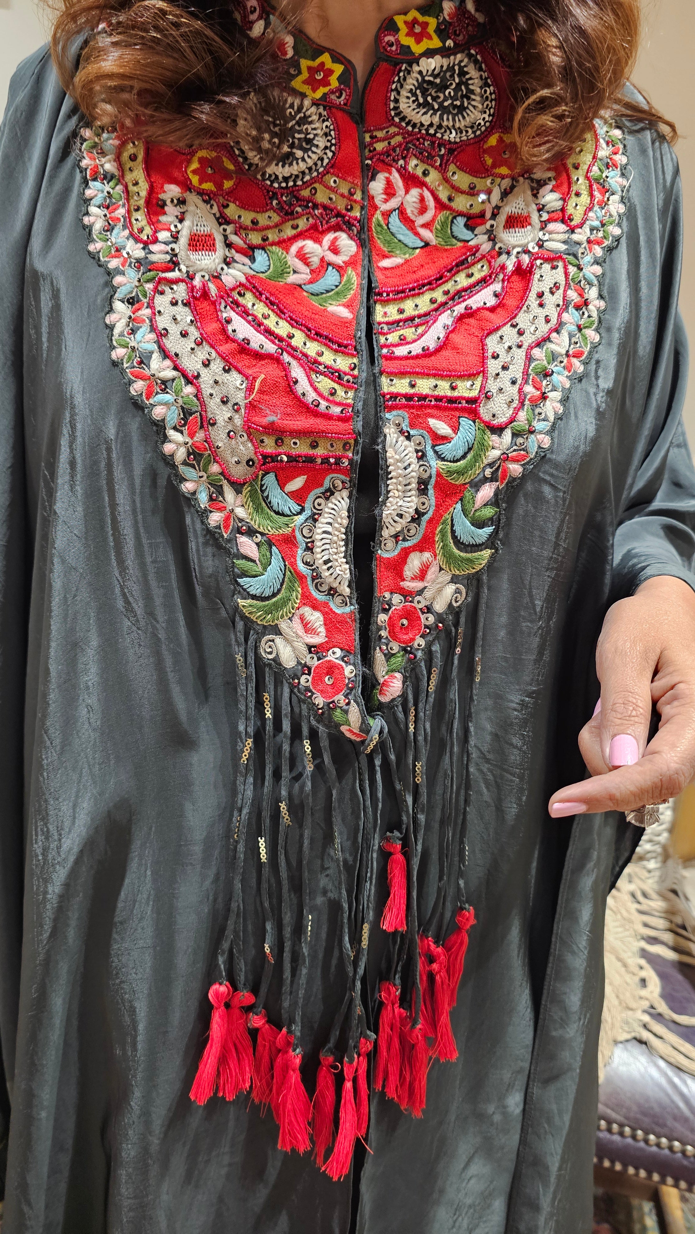 Stunning 3 Piece Drape Skirt With Asymmetric Hand Embroidered Cape