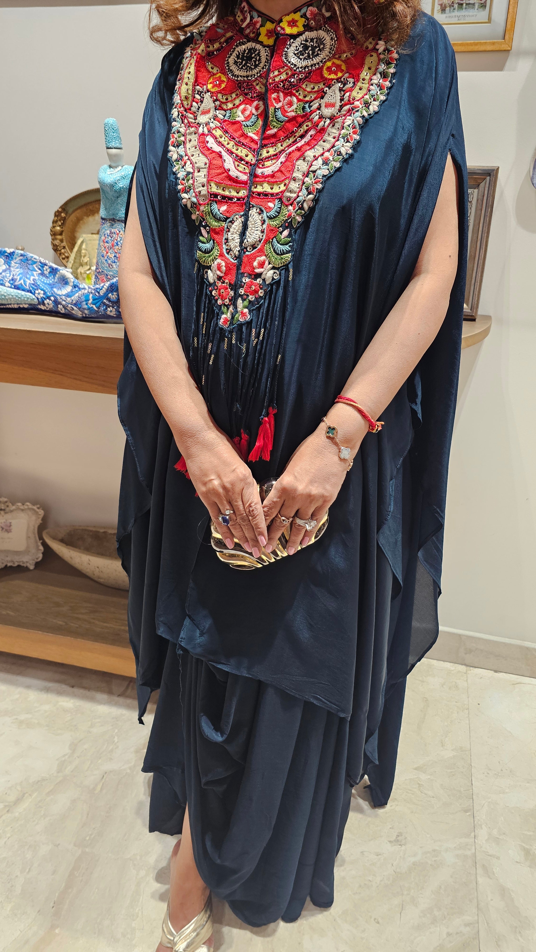 Stunning 3 Piece Drape Skirt With Asymmetric Hand Embroidered Cape