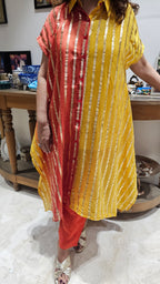 Beautiful Dual Color Mal Chanderi Golden Striped Three Piece Outfit