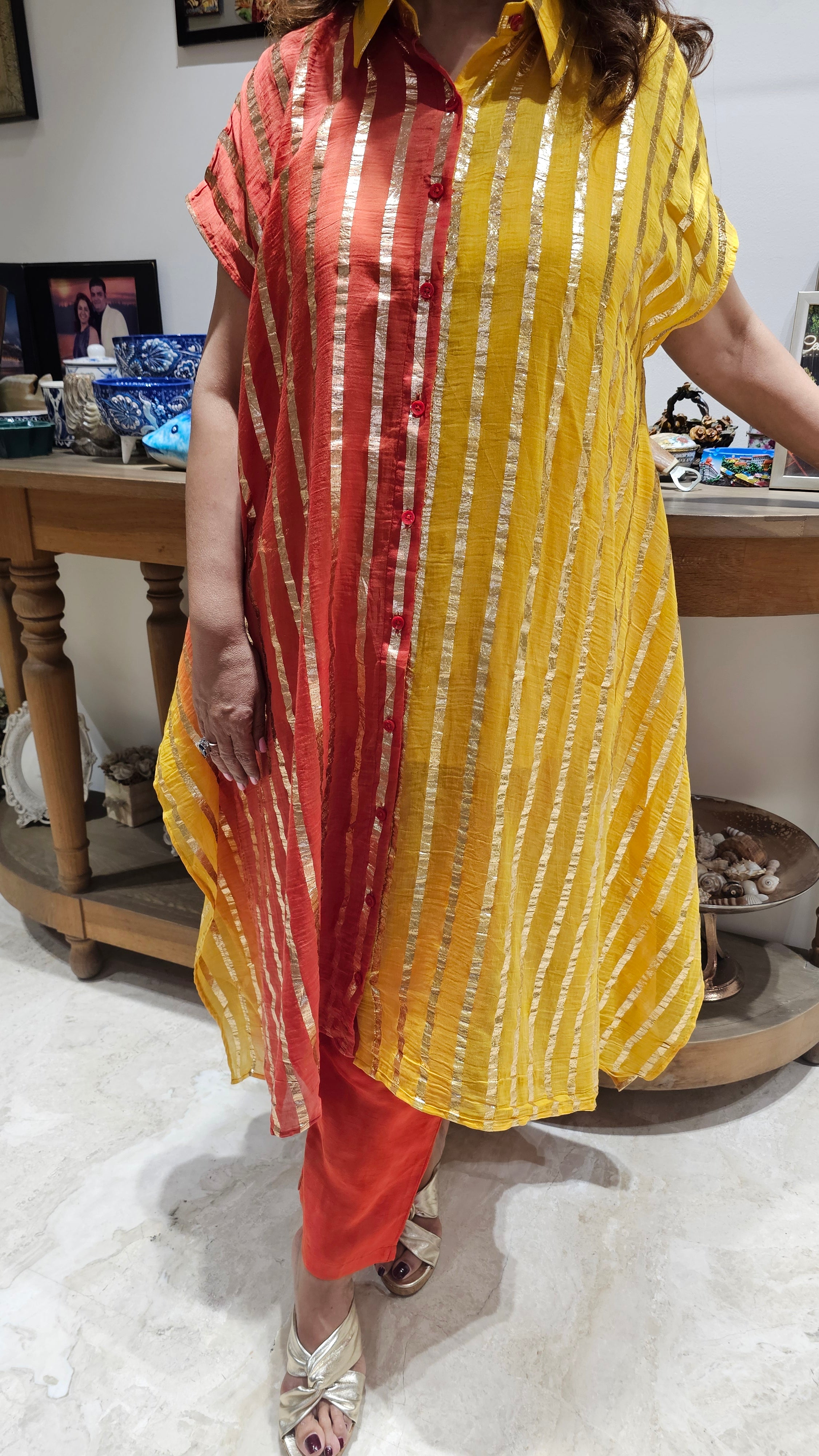 Beautiful Dual Color Mal Chanderi Golden Striped Three Piece Outfit
