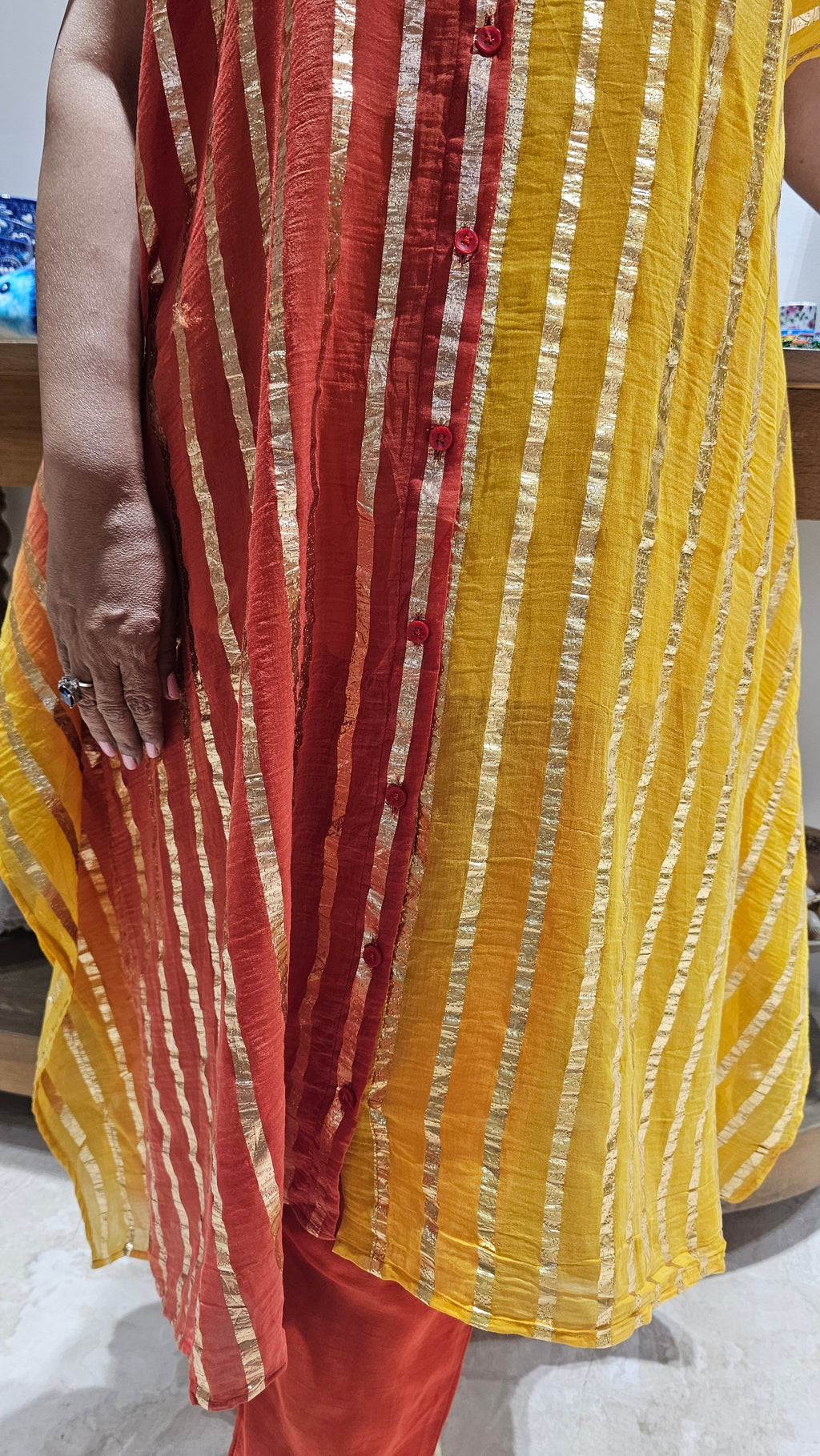 Beautiful Dual Color Mal Chanderi Golden Striped Three Piece Outfit