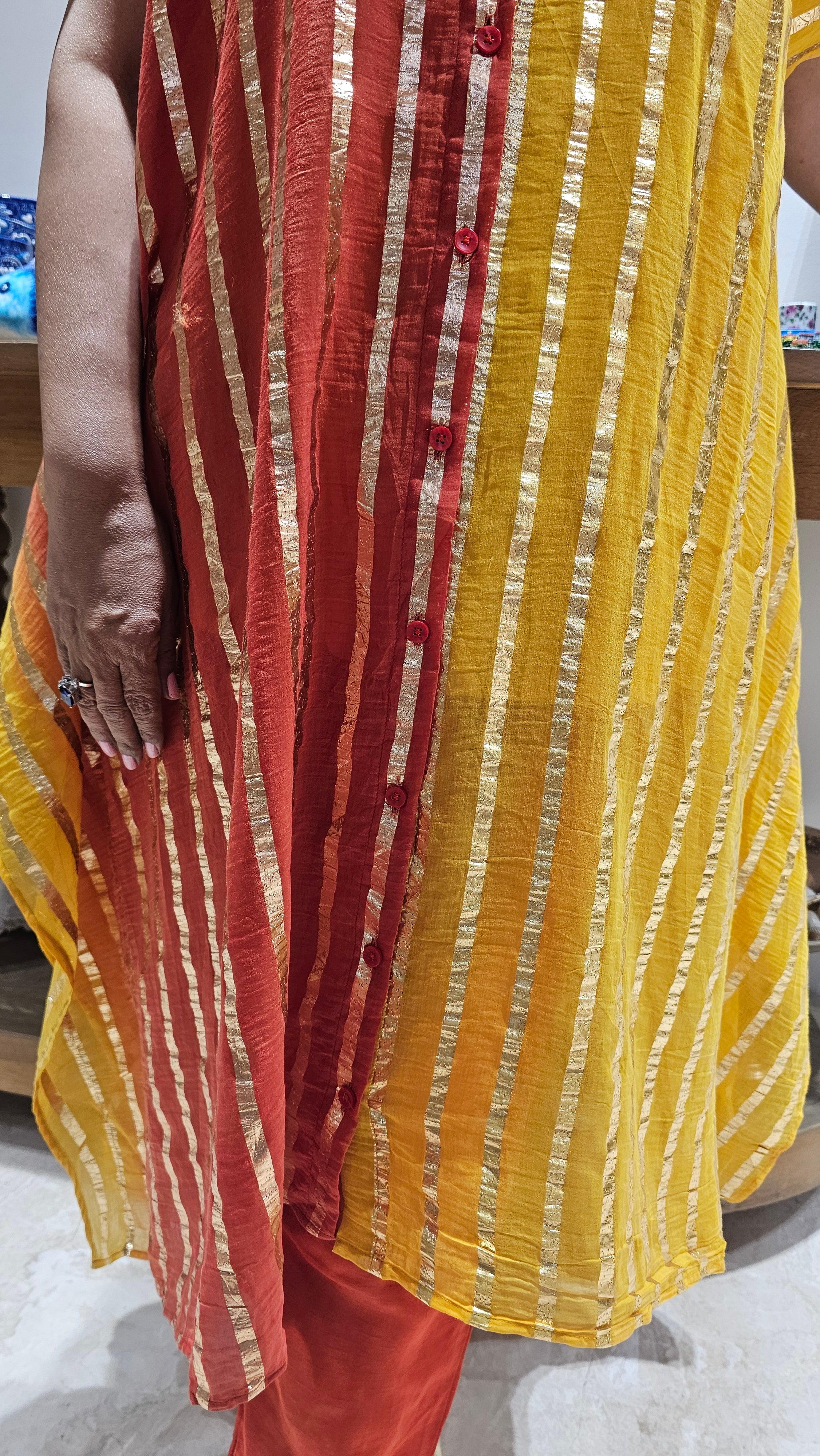 Beautiful Dual Color Mal Chanderi Golden Striped Three Piece Outfit