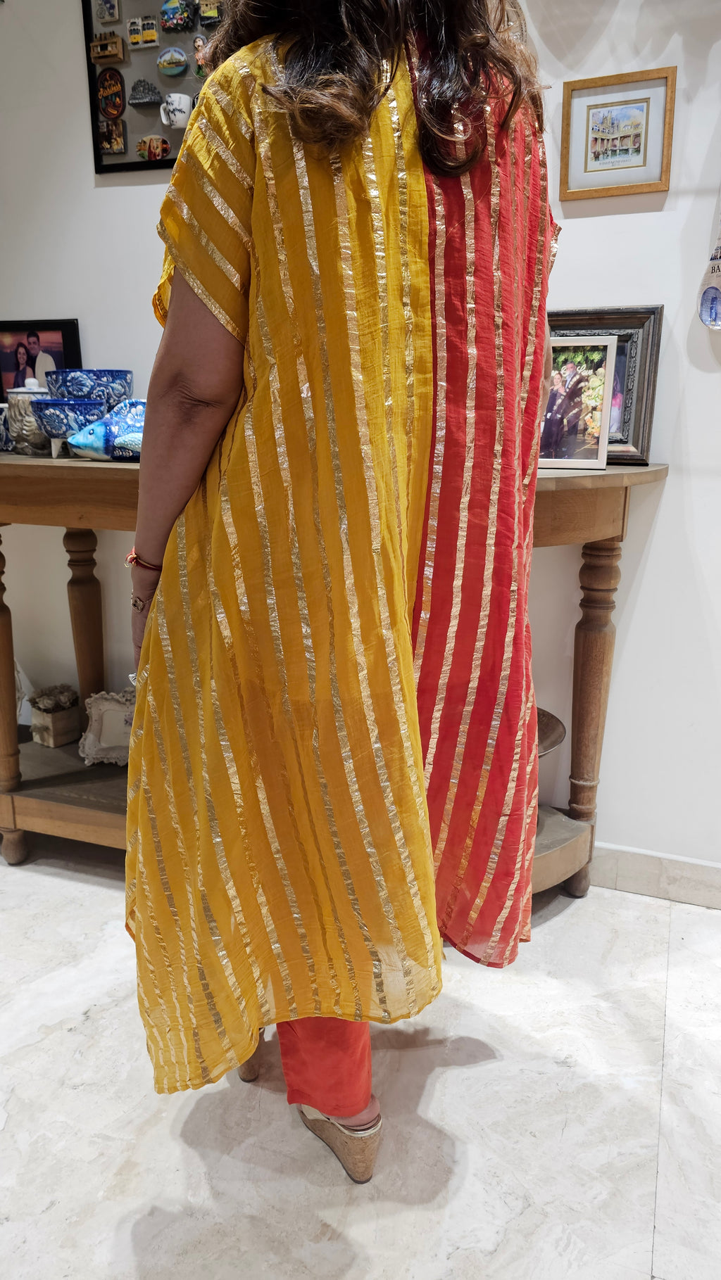 Beautiful Dual Color Mal Chanderi Golden Striped Three Piece Outfit