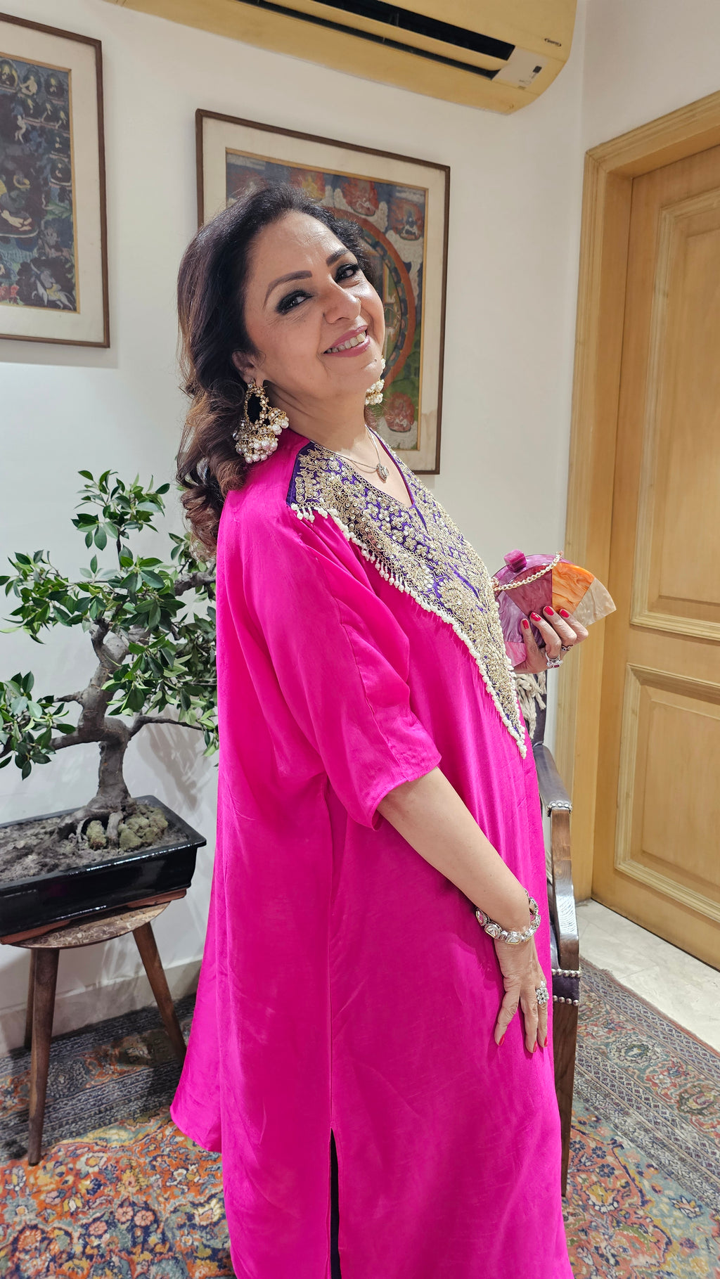Gorgeous Contrasting Silk With Hand Embroidered Yoke