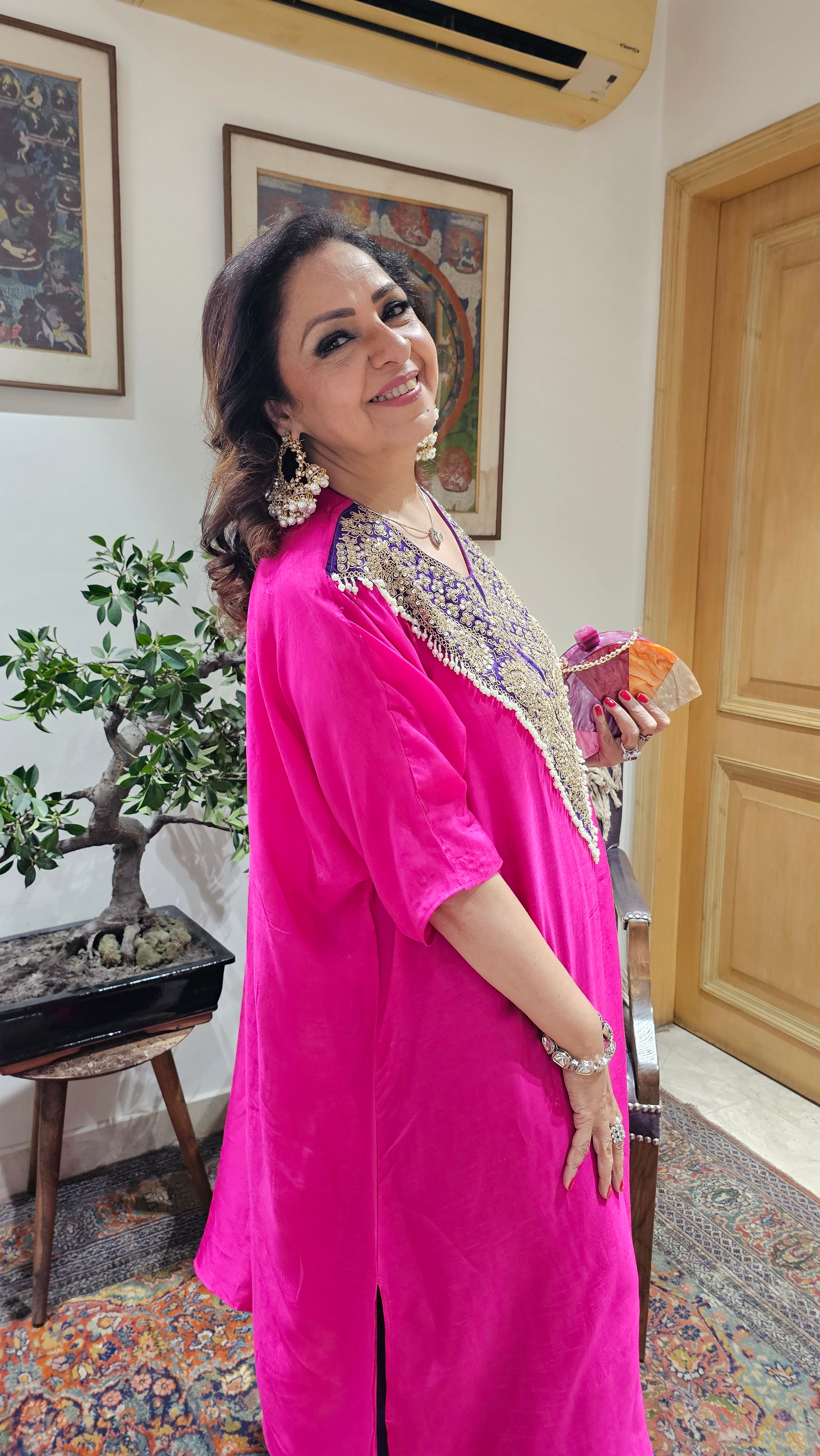 Gorgeous Contrasting Silk With Hand Embroidered Yoke