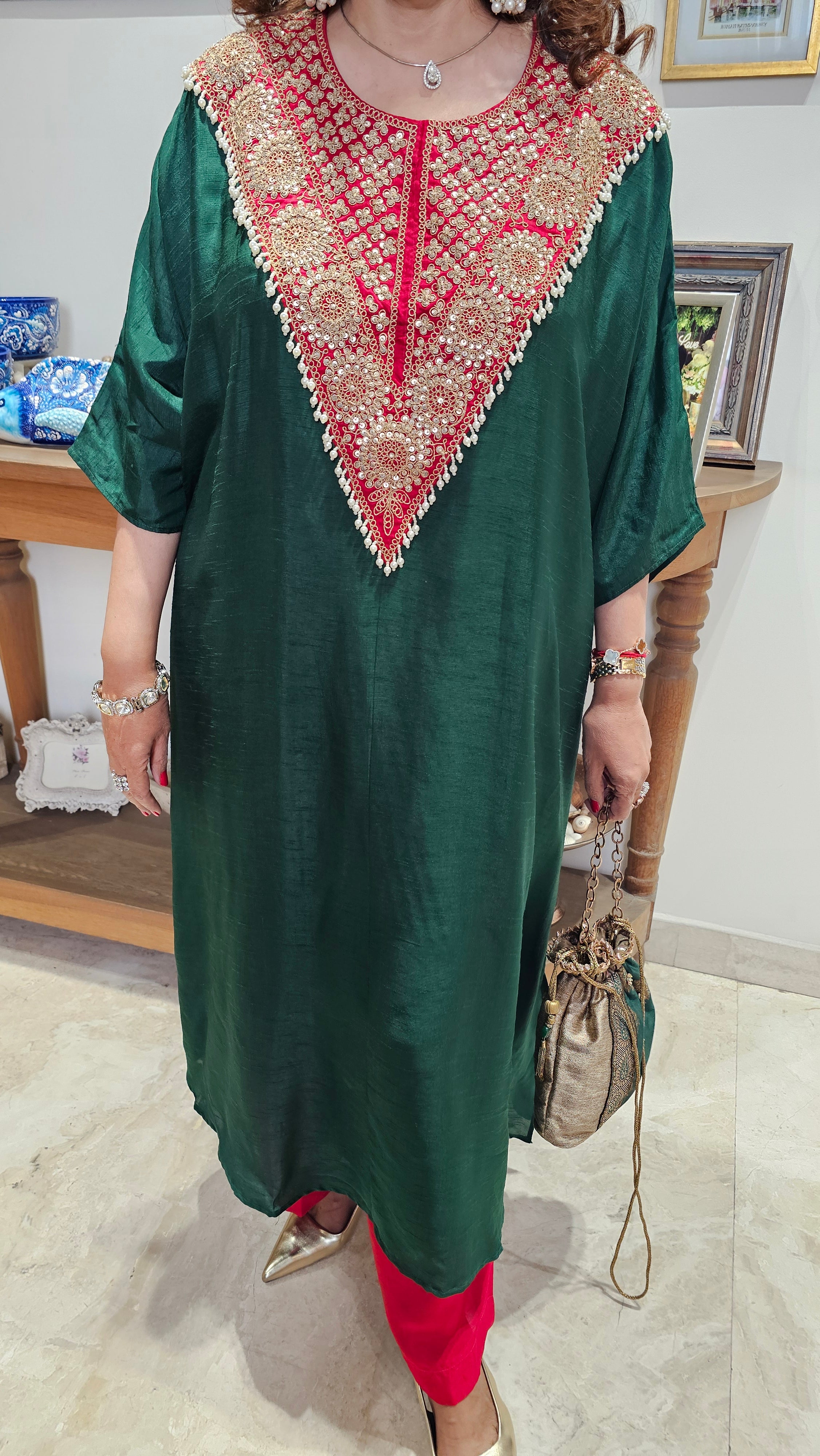 Gorgeous Contrasting Silk With Hand Embroidered Yoke