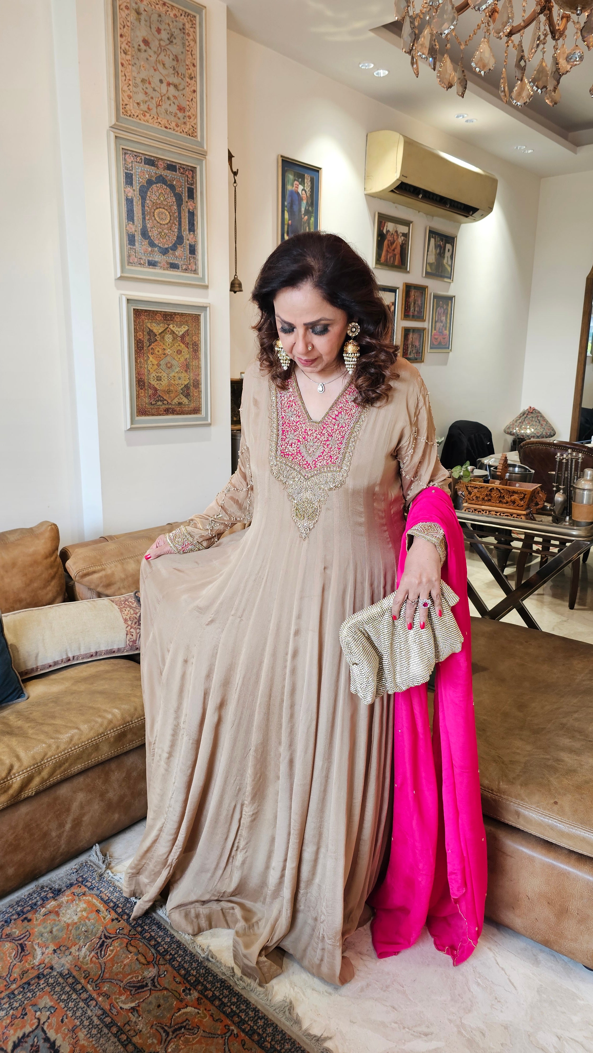 A Royal Full Length One Piece Dress With A Embroidered Dupatta & Hand Embellished Sleeves and Neck Line