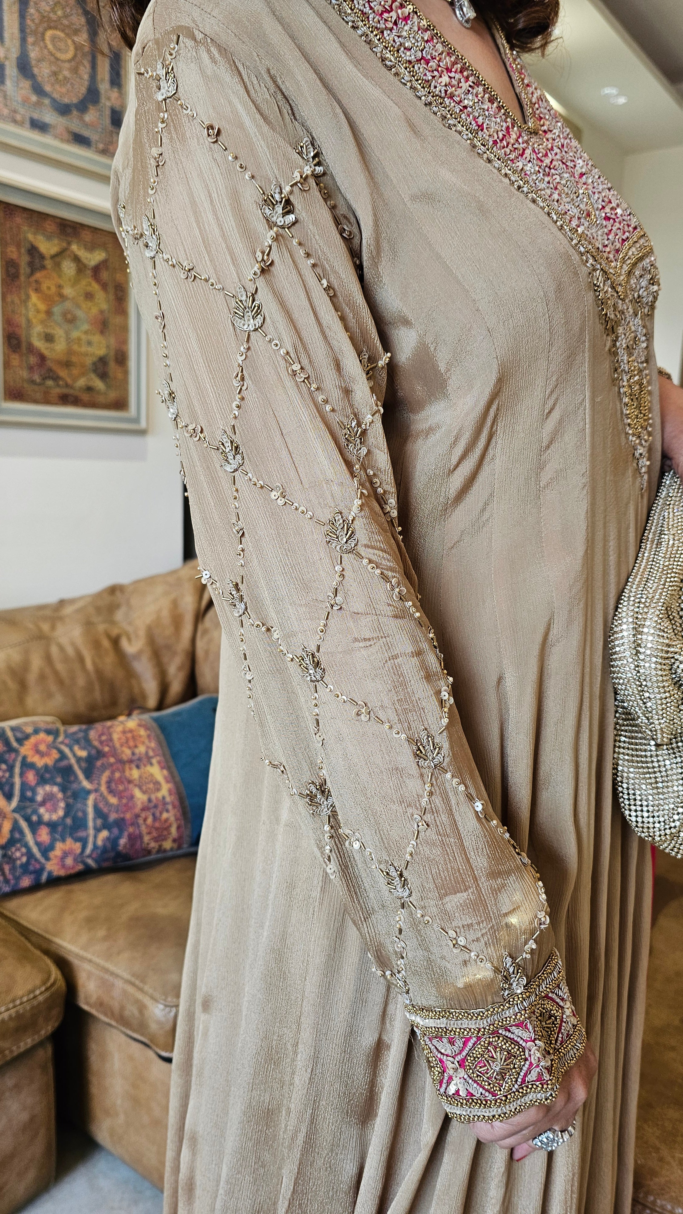 A Royal Full Length One Piece Dress With A Embroidered Dupatta & Hand Embellished Sleeves and Neck Line
