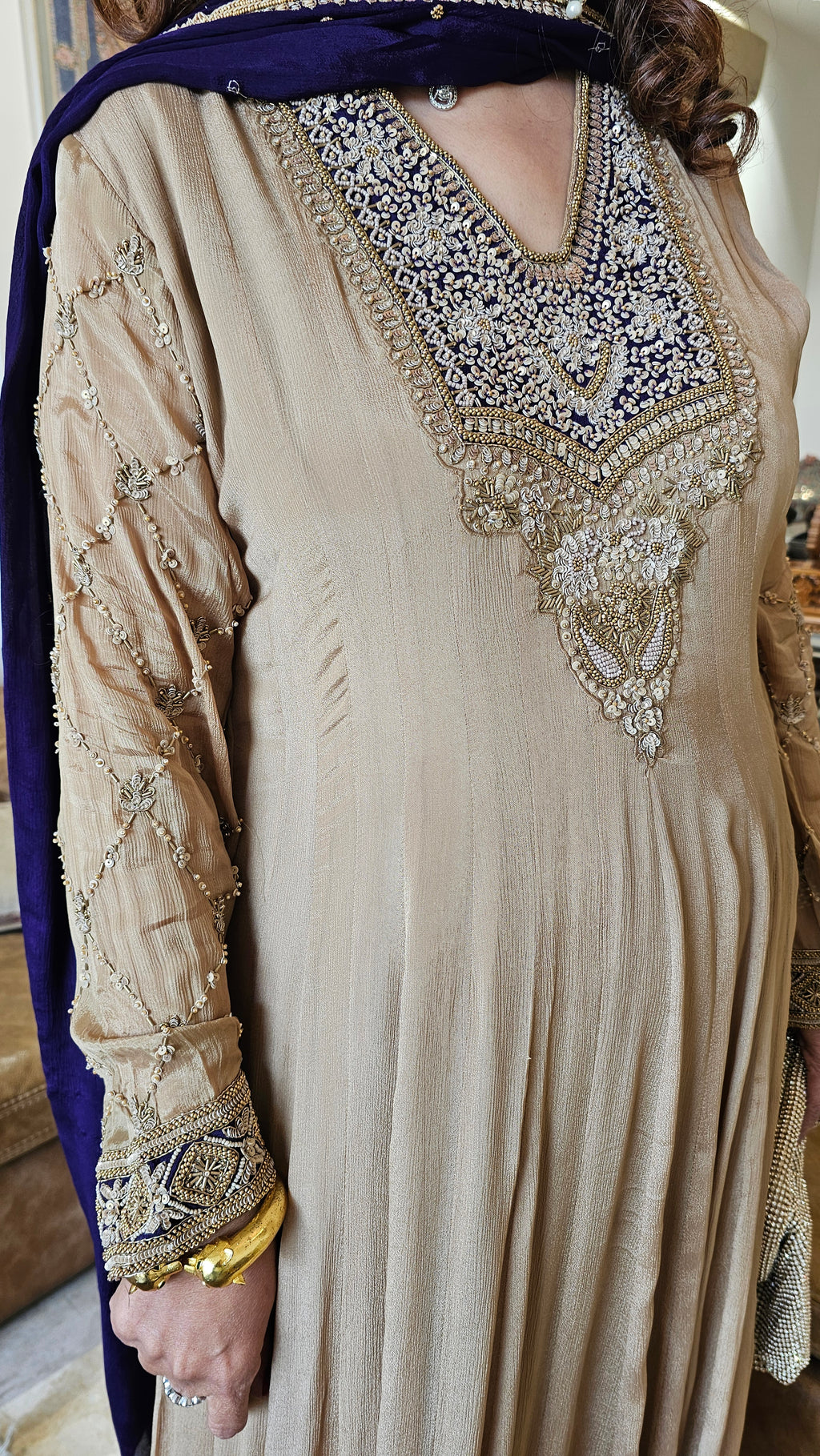 A Royal Full Length One Piece Dress With A Embroidered Dupatta & Hand Embellished Sleeves and Neck Line