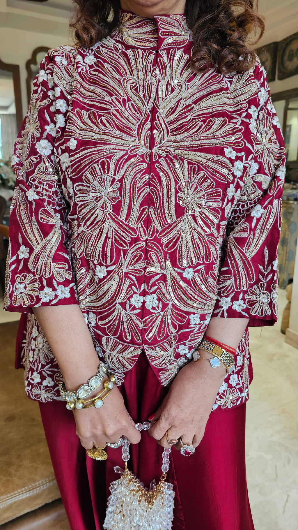 Adorable Silk & Satin Machine and Hand Embroidered Top With Satin Drop Crotch Pants