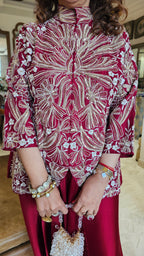 Adorable Silk & Satin Machine and Hand Embroidered Top With Satin Drop Crotch Pants