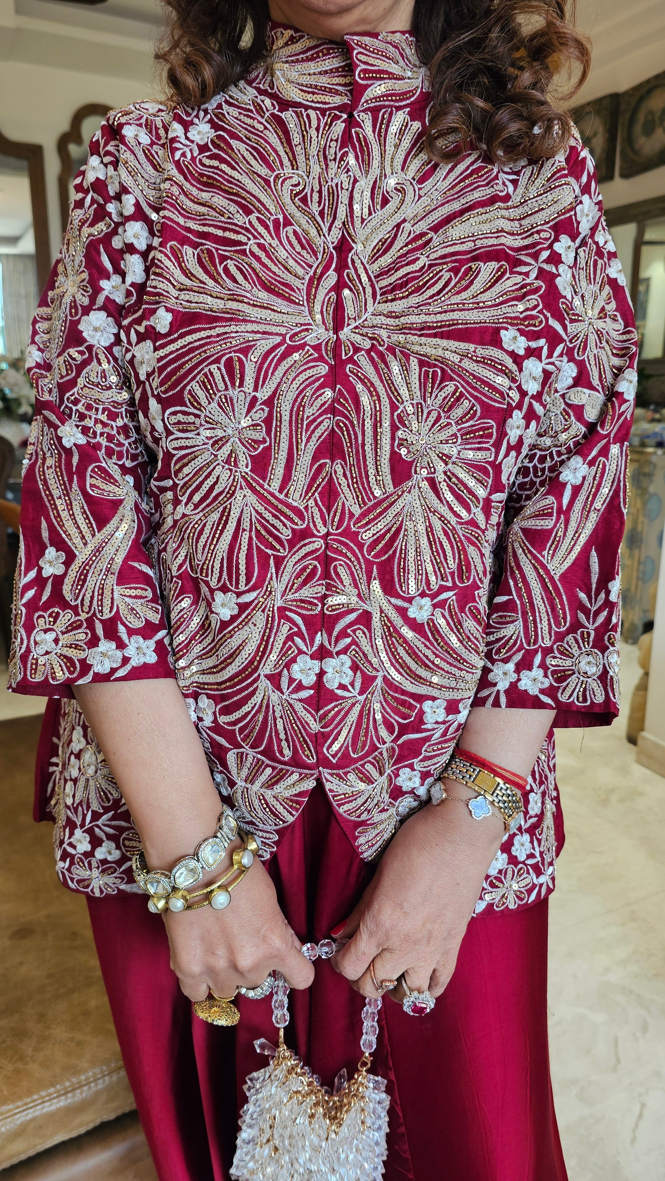 Adorable Silk & Satin Machine and Hand Embroidered Top With Satin Drop Crotch Pants