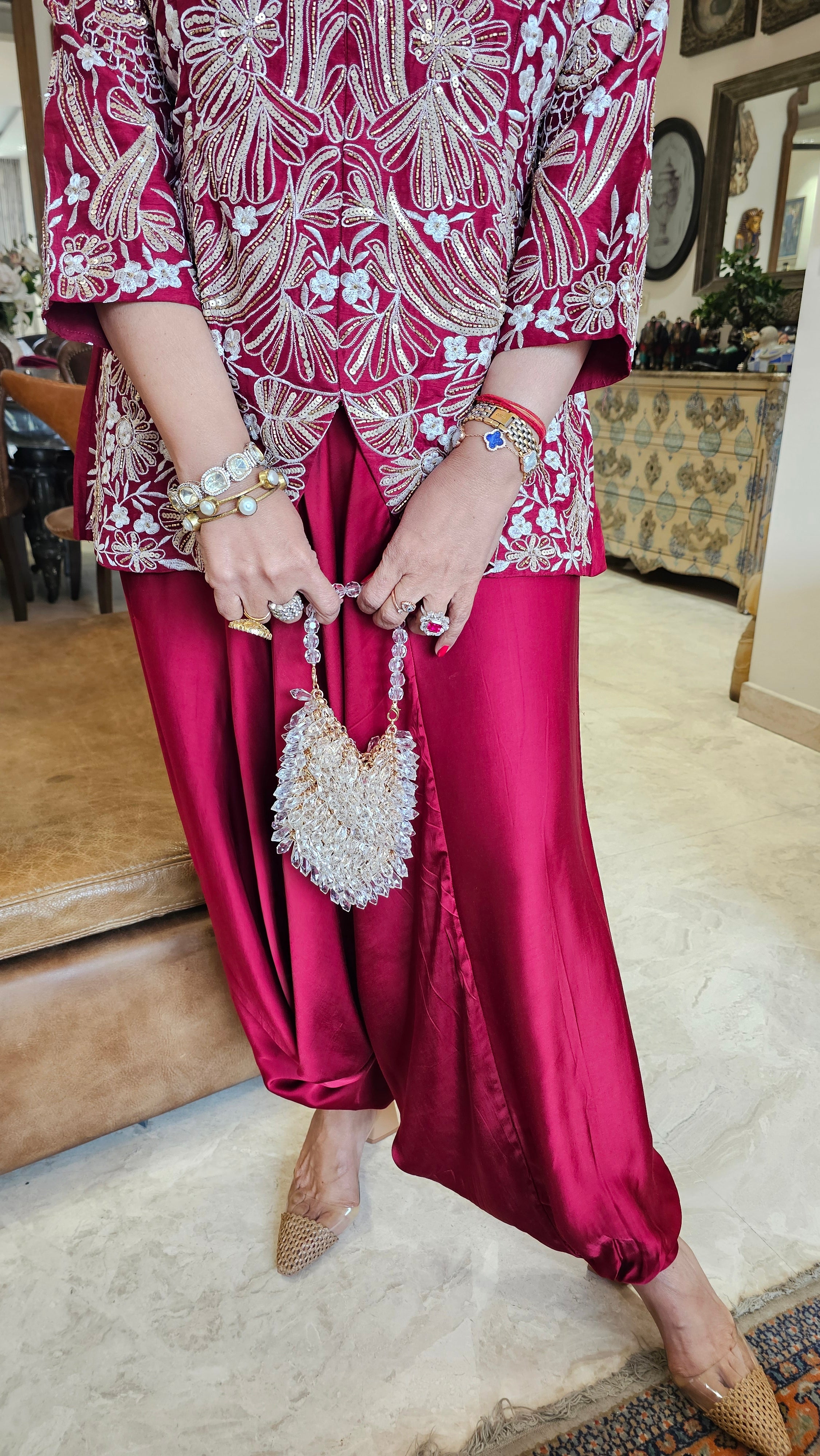 Adorable Silk & Satin Machine and Hand Embroidered Top With Satin Drop Crotch Pants